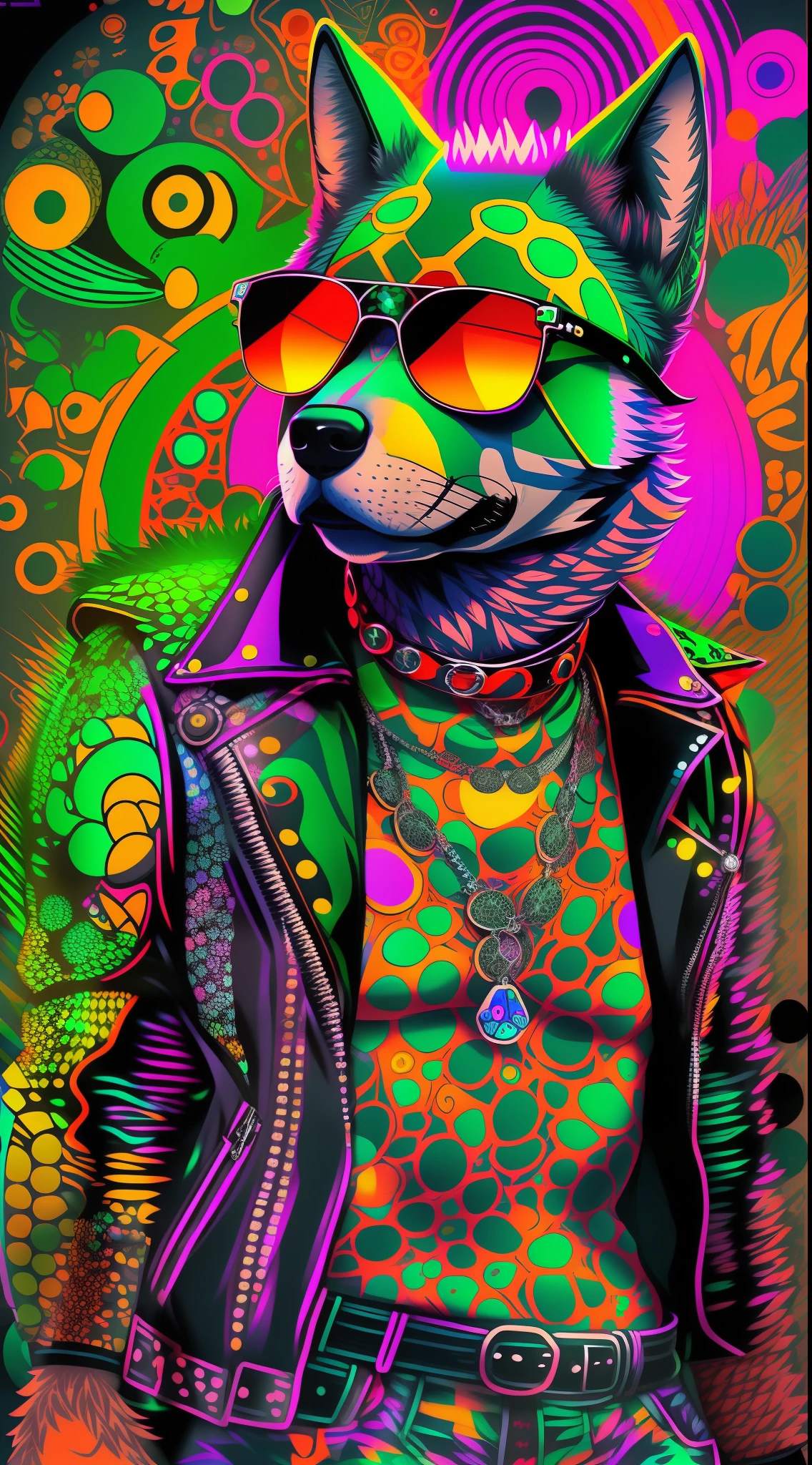 (1 wolf dog (anthropomorphic turtle))wearing a choker,with tattoos, sunglasses, Black leather jacket,Psychedelic punk artist, (((full bodyesbian))), concept-art,Vivid colors, rim-light, Extremely detailed Cg Unity 8K wallpaper, trending on artstationh, Yayoi Kusama's pop art style, iintricate, High detail