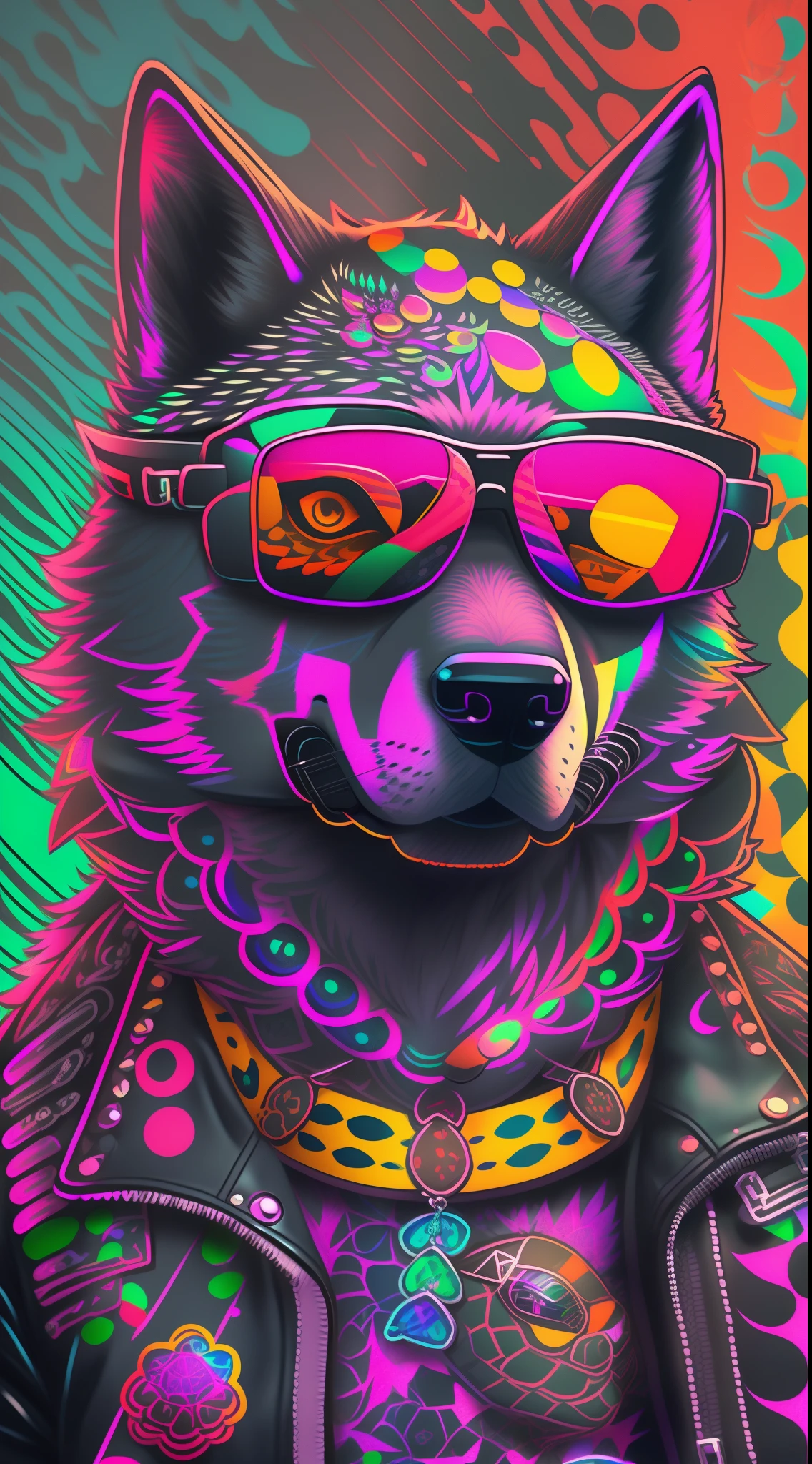 (1 wolf dog （anthropomorphic turtle））wearing a choker，with tattoos, sunglasses, Black leather jacket，Psychedelic punk artist， (((full bodyesbian))), concept-art,Vivid colors, rim-light, Extremely detailed Cg Unity 8K wallpaper, trending on artstationh, Yayoi Kusama's pop art style, iintricate, High detail