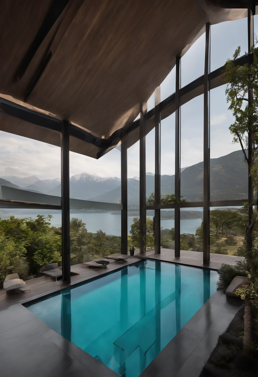 A house with a sense of futuristic technology,Three-story building,Facing the mountains,Facing the lake,Huge swimming pool,Modern architectural style, ultra detailed photographic,buliding,Convoluted,Shadowing, HighDynamicRange,Dynamic lighting, Photorealista, natural soft light, Low H, tmasterpiece, detailed 8k,There are so many details,Large floor-to-ceiling glass,Fusion of technology and the natural environment,Has a super cool look,