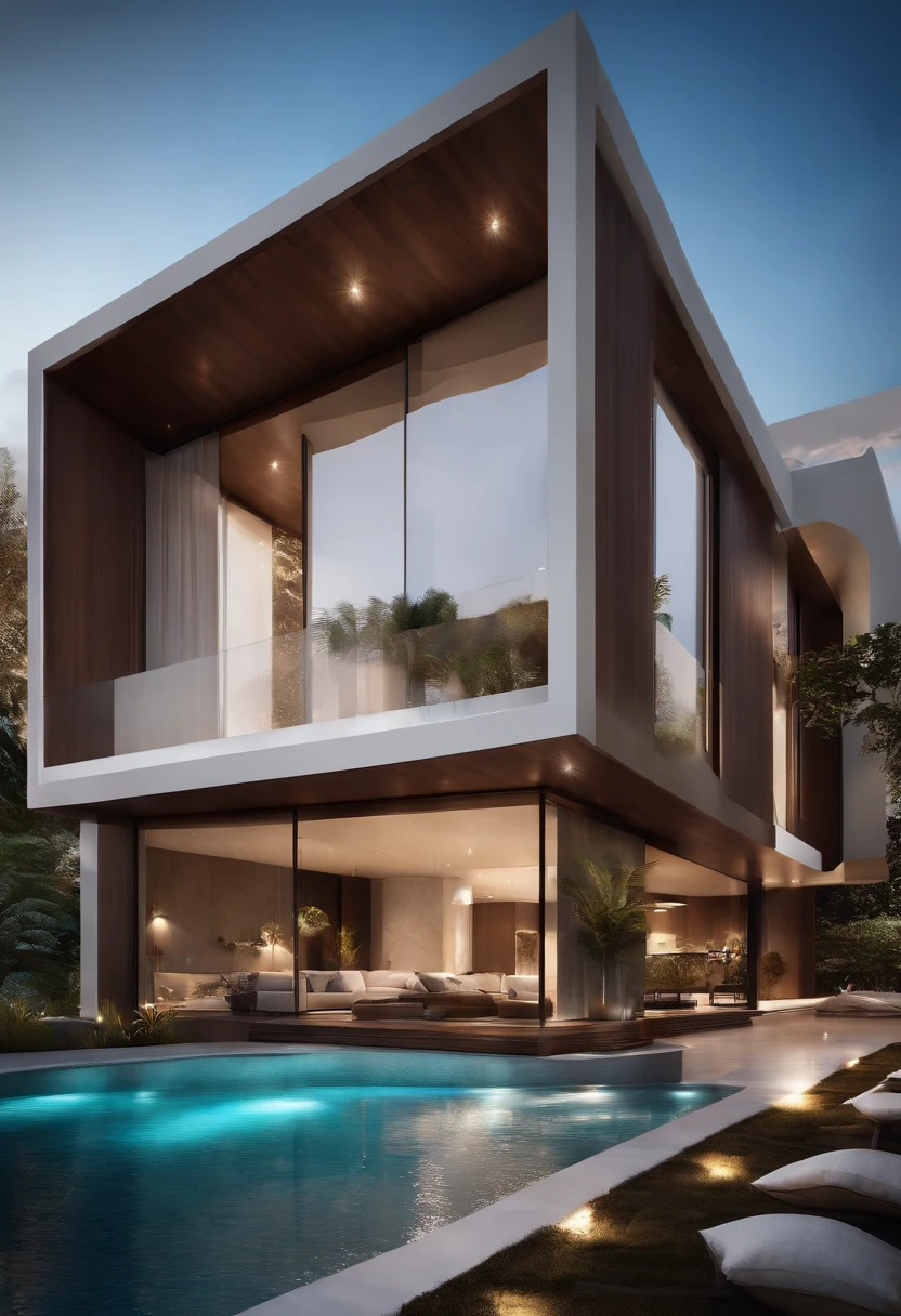 A house with a sense of futuristic technology,Three-story building,Facing the mountains,Facing the lake,Huge swimming pool,Modern architectural style, ultra detailed photographic,buliding,Convoluted,Shadowing, HighDynamicRange,Dynamic lighting, Photorealista, natural soft light, Low H, tmasterpiece, detailed 8k,There are so many details,Large floor-to-ceiling glass,Fusion of technology and the natural environment,Has a super cool look,