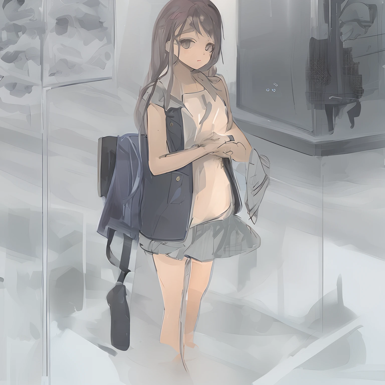 Japan high school girl comes home from school and changes clothes, Exposing her skin.She wears a navy blazer, Plaid/checkered skirt, Black knee-high socks, Has long pink hair, Wearing glasses.genitals are exposed and stand out,.Change clothes in the room and get naked. She doesn't even wear underwear.