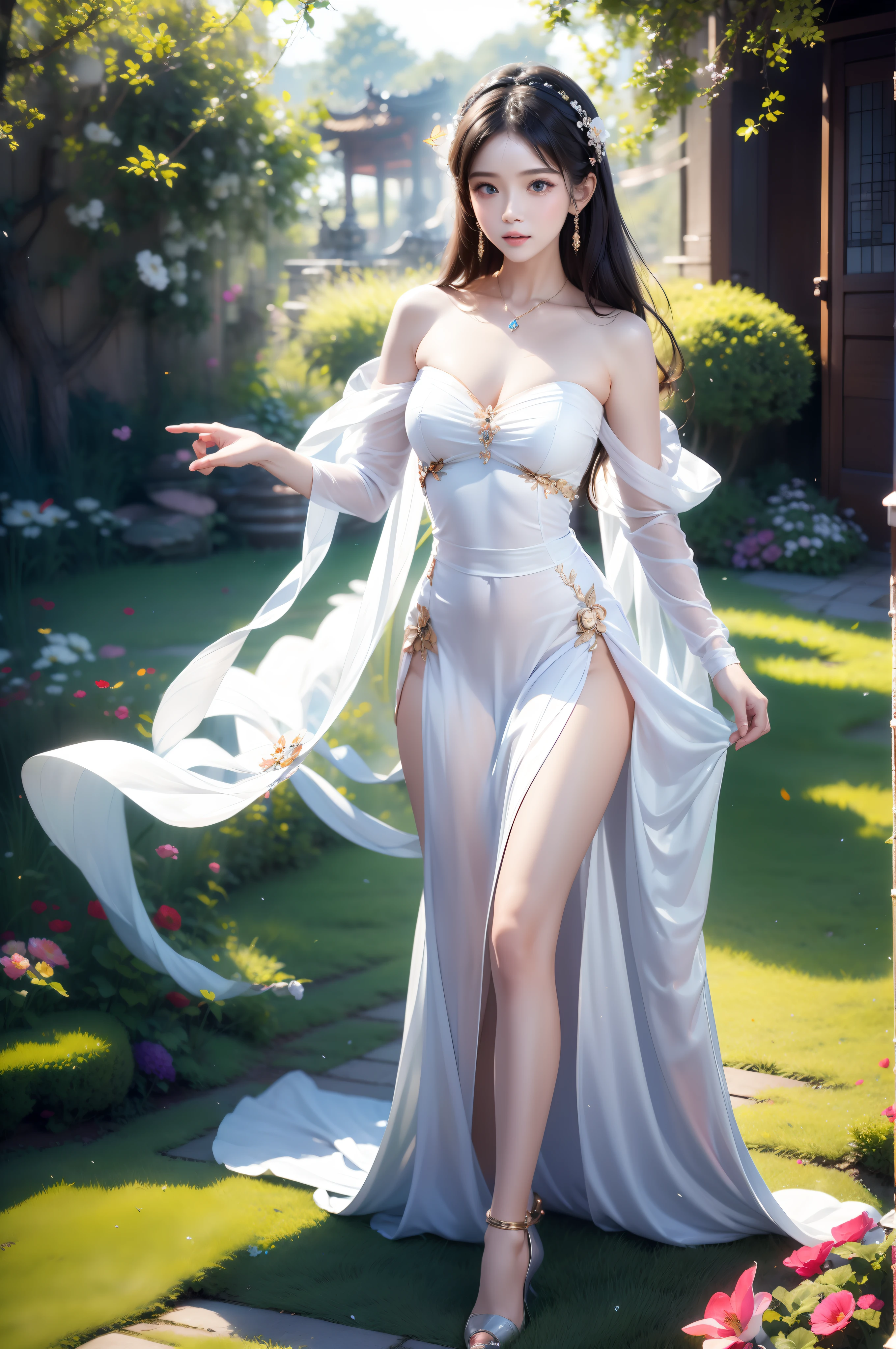 1girl, solo, full body, (masterpiece:1.21), (best quality:1.2), colorful, (illustration:1.2), (cinematic lighting:1.1), (bare shoulders:1.21), (collarbone:1.21) In this whimsical and fantastic garden,The scene is rainbowed(colorful fireflies)illuminate,dance through the air。Soft(Drizzle)Decorate the garden,It creates a hazy and ethereal atmosphere。In the center of the screen,There was a single teenage girl standing,Extremely delicate girl,Lovely facial features,The expression is innocent。Her long hair fluttered in the wind。She wears an ultra-low-cut strapless dress,Highlight her delicate curves。The lighting is very delicate and beautiful,Creates a soft and warm glow,Highlights the surface of the water,making it sparkle like diamonds。The finest grass is also illuminated,Create a lush carpet。The garden is surrounded by colorful fields of flowers,Flowers of all colors and shapes bloom。Various colors and sizes can be seen(Colorful butterflies)Fly around the scene,It adds to the overall sense of wonder and magic。 (Gentlemen),A flush is visible at the bridge of the nose,The mouth opened slightly,It also adds to the overall sense of innocence and youthfulness。Falling petals can be seen floating around her,It adds to the overall romance and beauty。A gentle breeze,The leaves rustle,Flowers sway,Adds to the overall dynamism and vitality。It is a scene of pure wonder and magic,Full of color and beauty,Viewers can lose themselves in this fascinating world。