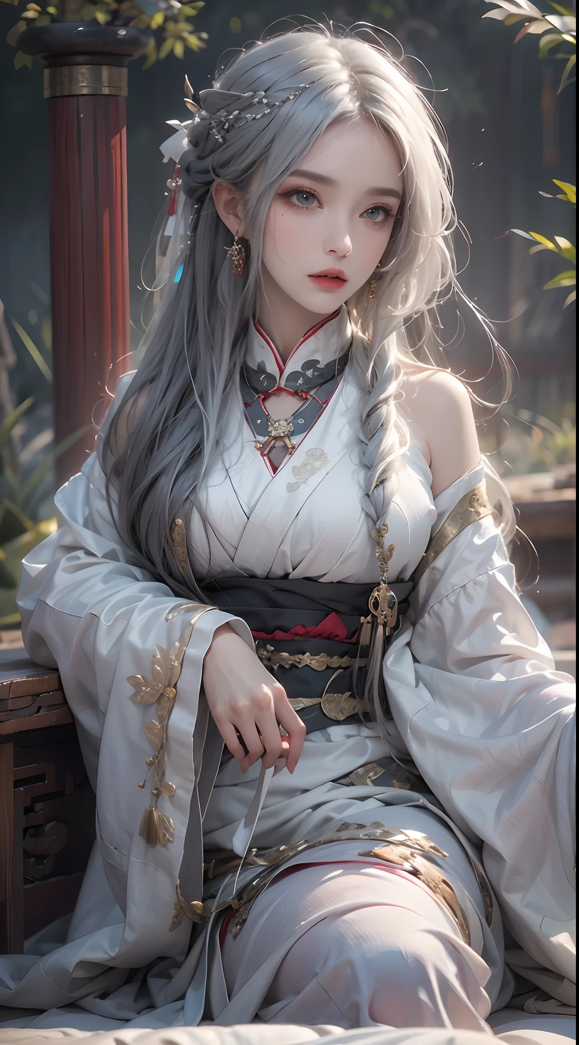 Photorealistic, high resolution, 1 woman, hips up, Beautiful eyes, Long hair, ringed eyes, jewelry, tattoo, hanfu, Chinese fairy, taoist uniform, kneeling, white hair