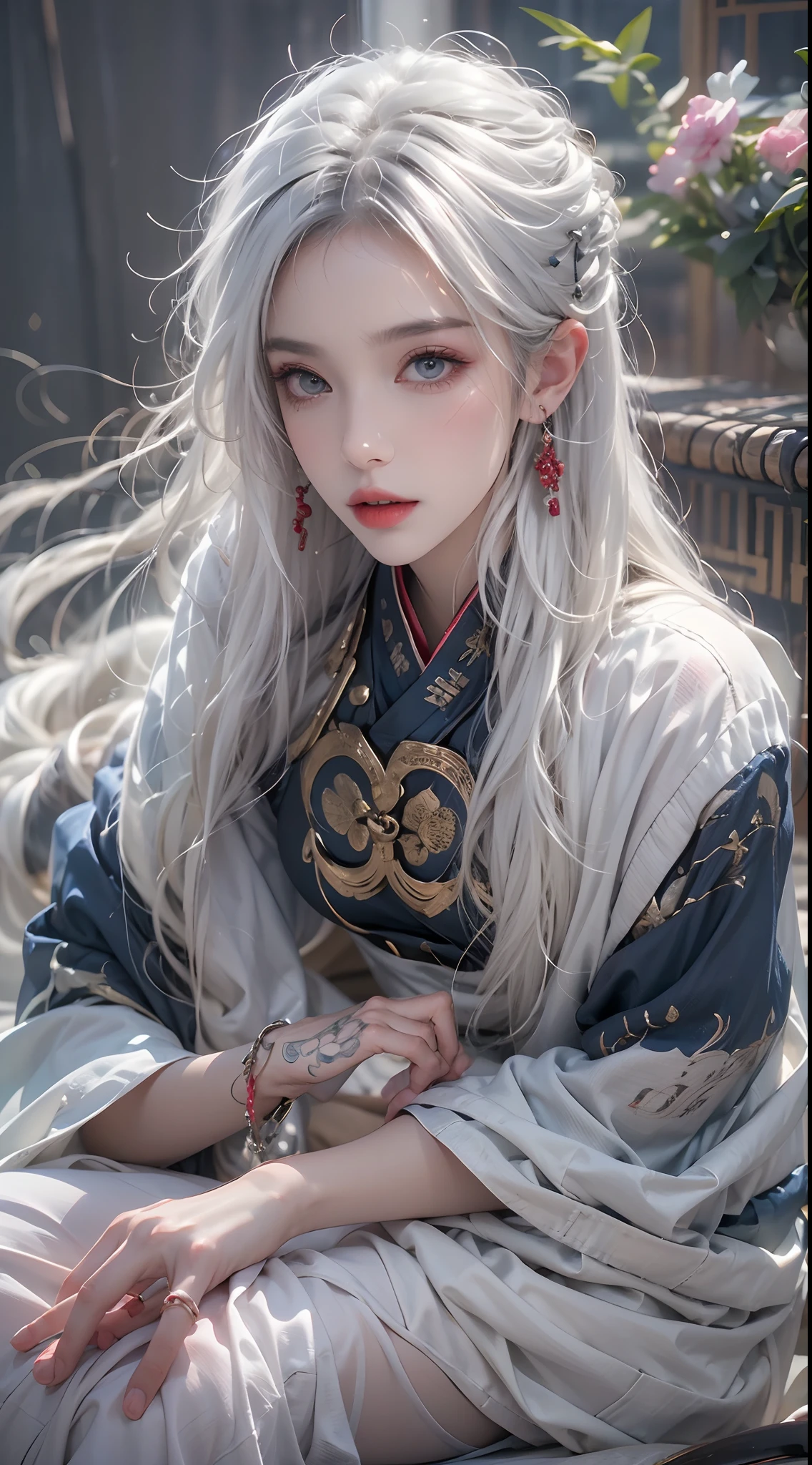 Photorealistic, high resolution, 1 woman, hips up, Beautiful eyes, Long hair, ringed eyes, jewelry, tattoo, hanfu, Chinese fairy, taoist uniform, kneeling, white hair