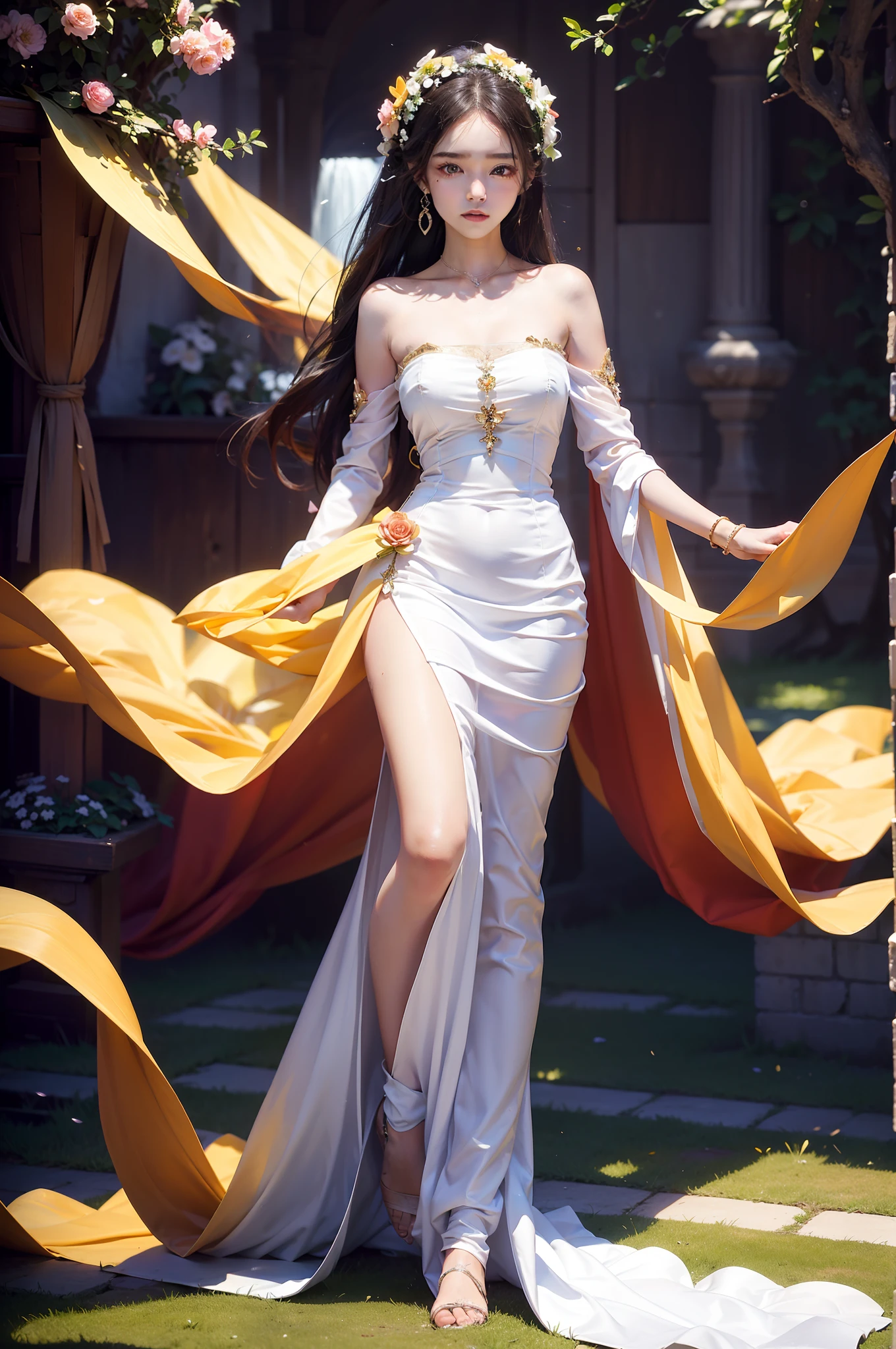 1girl, solo, full body, (masterpiece:1.21), (best quality:1.2), colorful, (illustration:1.2), (cinematic lighting:1.1), (bare shoulders:1.21), (collarbone:1.21) In this whimsical and fantastic garden,The scene is rainbowed(colorful fireflies)illuminate,dance through the air。Soft(Drizzle)Decorate the garden,It creates a hazy and ethereal atmosphere。In the center of the screen,There was a single teenage girl standing,Extremely delicate girl,Lovely facial features,The expression is innocent。Her long hair fluttered in the wind。She wears an ultra-low-cut strapless dress,Highlight her delicate curves。The lighting is very delicate and beautiful,Creates a soft and warm glow,Highlights the surface of the water,making it sparkle like diamonds。The finest grass is also illuminated,Create a lush carpet。The garden is surrounded by colorful fields of flowers,Flowers of all colors and shapes bloom。Various colors and sizes can be seen(Colorful butterflies)Fly around the scene,It adds to the overall sense of wonder and magic。 (Gentlemen),A flush is visible at the bridge of the nose,The mouth opened slightly,It also adds to the overall sense of innocence and youthfulness。Falling petals can be seen floating around her,It adds to the overall romance and beauty。A gentle breeze,The leaves rustle,Flowers sway,Adds to the overall dynamism and vitality。It is a scene of pure wonder and magic,Full of color and beauty,Viewers can lose themselves in this fascinating world。