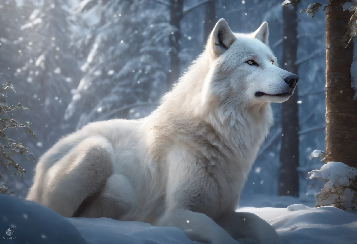 5 YEAR OLD WINTER PRINCESSES, SIBLINGS, WOLVES, WEARING WHITE PRINCESSES DRESSES, WINTER, SNOWING, NATURE, SURRONDED BY WHITE WOLVES,8K, FANTASY, resolution concept art portrait by Greg Rutkowski, Artgerm, WLOP, Alphonse Mucha dynamic lighting hyperdetailed intricately detailed Splash art trending on Artstation triadic colors Unreal Engine 5 volumetric lighting"