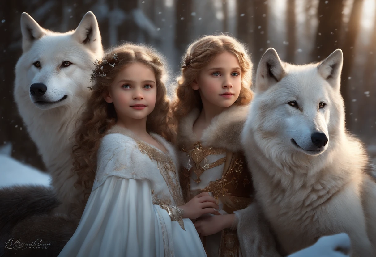 5 YEAR OLD WINTER PRINCESSES, SIBLINGS, WOLVES, WEARING WHITE PRINCESSES DRESSES, WINTER, SNOWING, NATURE, SURRONDED BY WHITE WOLVES,8K, FANTASY, resolution concept art portrait by Greg Rutkowski, Artgerm, WLOP, Alphonse Mucha dynamic lighting hyperdetailed intricately detailed Splash art trending on Artstation triadic colors Unreal Engine 5 volumetric lighting"