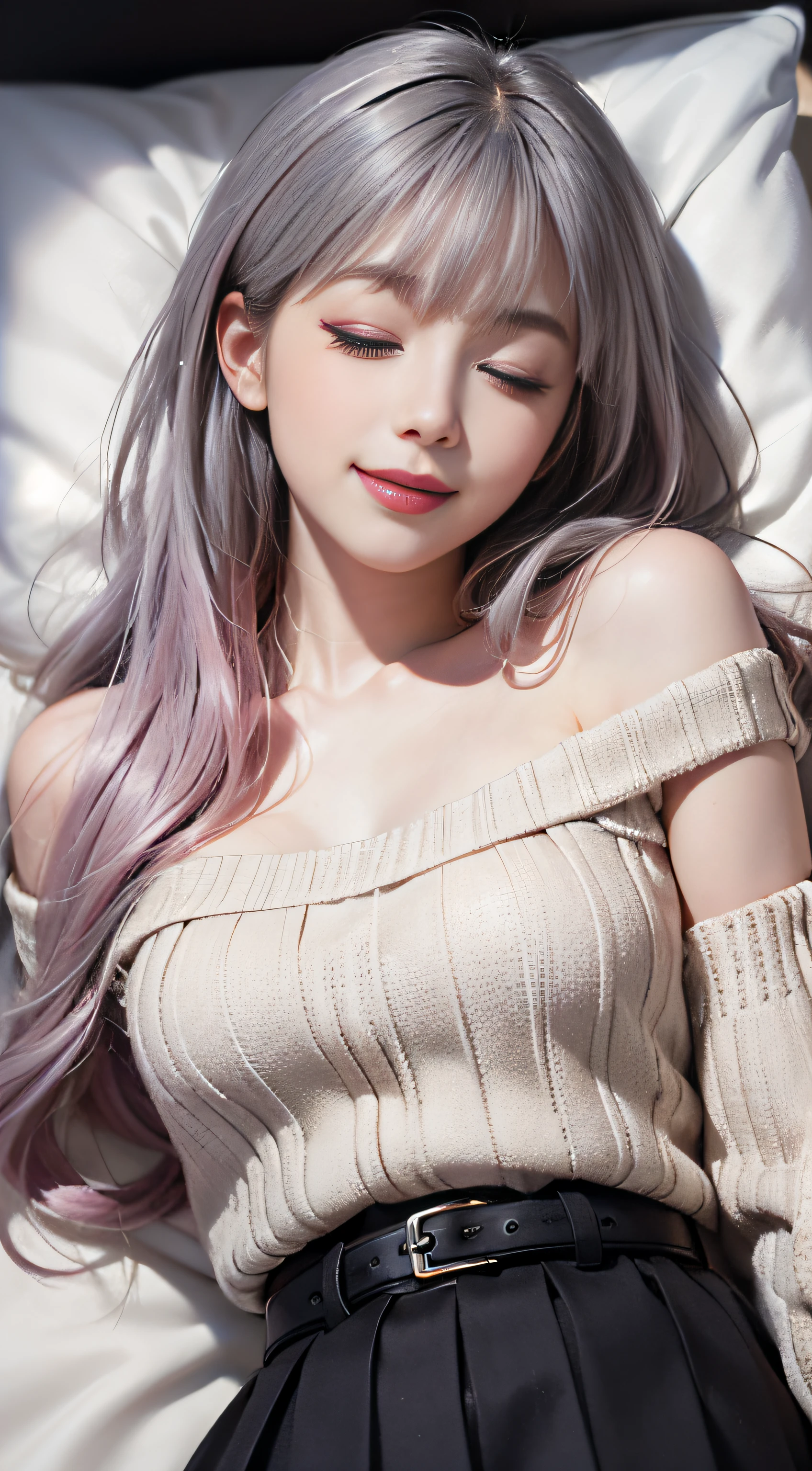 (Woman lying on bed)1 girl, Silver hair, striated hair, Bangs, Blunt bangs, Long hair, Pink hair, aqua eyes, ((Eyes closed)), makeup, Smile, Parted lips, Realism, Verism, surrealism, depth of fields, One-person viewpoint, F/1.8, 135 mm, canon, nffsw, retinas, masutepiece, ccurate, Anatomically correct, Textured skin, Super Detail, high details, High quality, Best Quality, hight resolution, 1080p, hard disk, 4K, 8K、(Coarse short sweater)Float from the shoulder、off shoulders、Black tight skirt