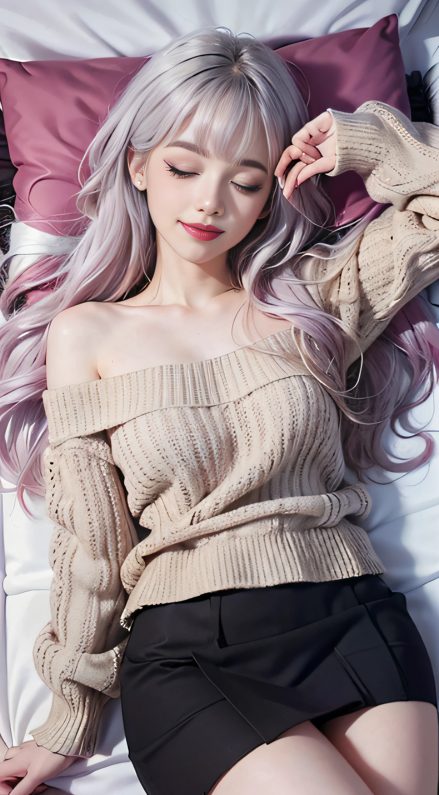 （Woman lying on bed）1 girl, Silver hair, striated hair, Bangs, Blunt bangs, Long hair, Pink hair, aqua eyes, ((Eyes closed)）, makeup, Smile, Parted lips, Realism, Verism, surrealism, depth of fields, One-person viewpoint, F/1.8, 135 mm, canon, nffsw, retinas, masutepiece, ccurate, Anatomically correct, Textured skin, Super Detail, high details, High quality, Best Quality, hight resolution, 1080p, hard disk, 4K, 8K、（Coarse short sweater）Floats off the shoulders、off shoulders、Black tight skirt、（yawning）