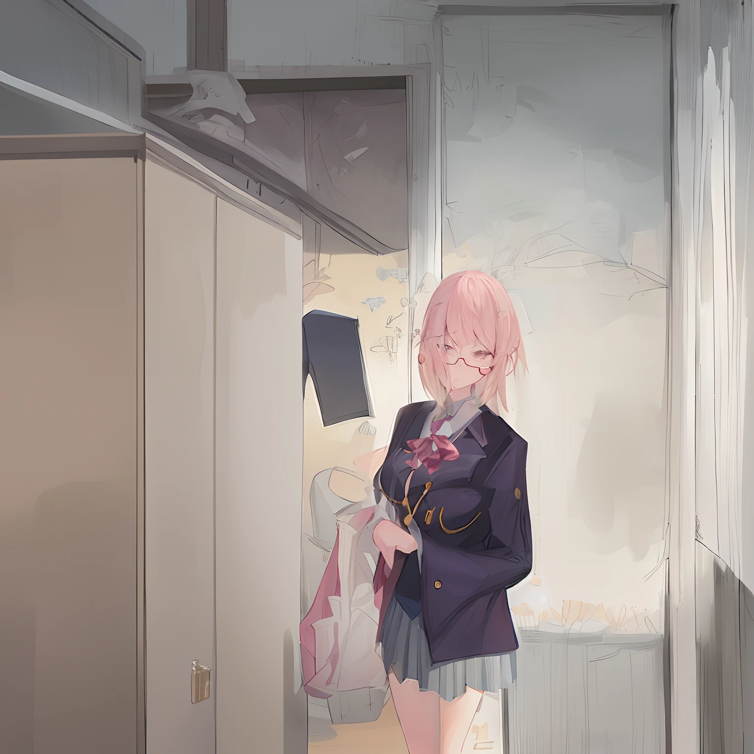 Japan high school girl comes home from school and changes clothes, Exposing her skin.She wears a navy blazer, Plaid/checkered skirt, Black knee-high socks, Has long pink hair, Wearing glasses.genitals are exposed and stand out,.Change clothes in the room and get naked. She doesn't even wear underwear.