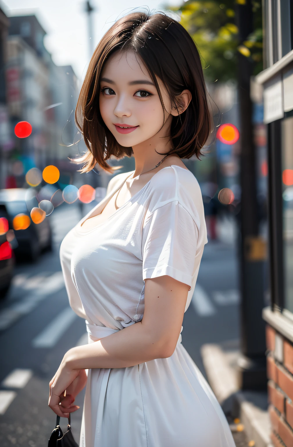 ((highest quality, 8K, masterpiece: 1.3, RAW photo)), sharp focus: 1.2, (1 Espa Girl: 1.2), (realistic, realistic: 1.37), (face focus: 1.1), cute face, kindness, small, flat chest, disheveled short hair, Raise the hand, Beautiful woman sitting on country road at sunset, white summer casual shirt, skirt, dawn, movie lighting