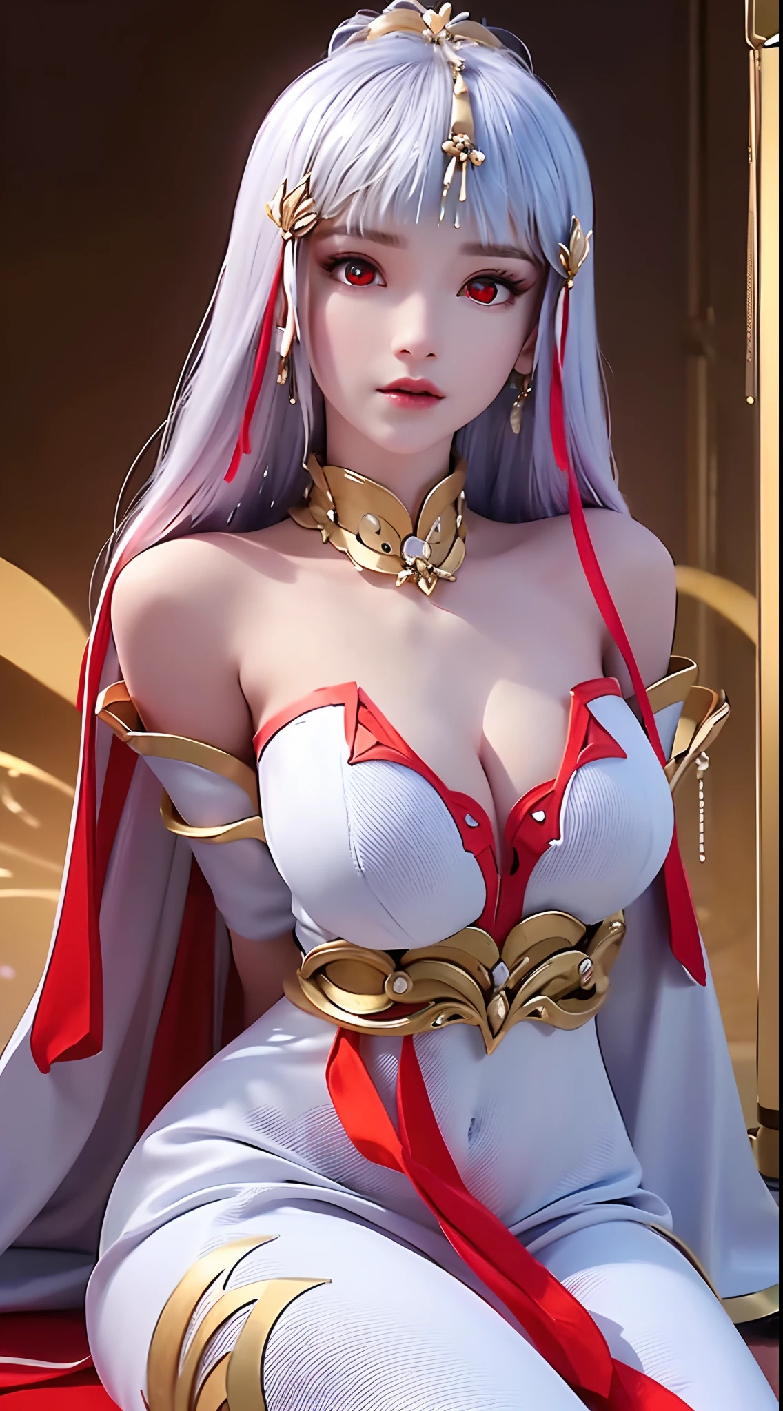 "A beautiful 20 year old young woman, (((sexy slim dress:1.6))), the body is balanced and plump, white dress with red trim, hanfu style, platinum hair color, platinum bangs, the most beautiful and detailed hair jewelry, extremely round shape and face beautiful, thin eyebrows, most beautiful and perfect face, ((black eye pupils:0.8)), very beautiful eyes, ((red eyes:1.4)), eyelashes makeup and beautiful details, high nose, earrings, thin lips, red lips, ((closed mouth: 1.5)), beautiful lips, (((arms behind your back:1))), smooth white skin, most beautiful thighs, ((arms spread out to the sides: 1.5)), strong arms and legs, rosy face, clean face, flawless beautiful face, smooth white skin, cleavage, ((big breasts:1.6)), ((very round breasts:1.3)), ((tight chest:1.2)), ((breast augmentation:1.5)), beautiful breasts, ((lower biceps: 1.5)), sitting across from the audience, hands on the floor, 8k photo quality, super high quality, super realistic, 10x super pixel, realistic photo, studio dark, rim light, two-tone light, (high detail skin: 1.2), ultra 8k, soft light, high quality, volumetric light, realistic, Photo, high resolution, light bright, best photo, 4k quality, Smooth and sharp, 10x pixels, (galaxy:1.7), aurora, lightning, surreal graphics, most realistic graphics, 1 girl, alone, solo, Super sharp, surreal images, closer to the girl, ((frontal portrait:1.5)),"