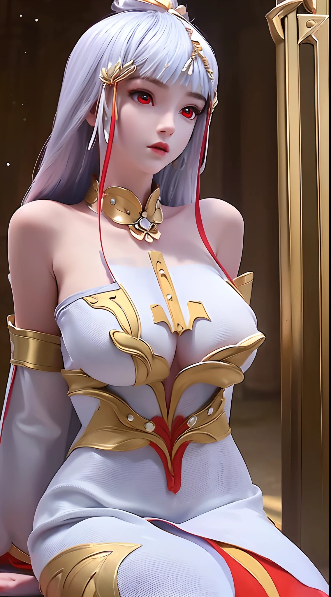 "A beautiful 20 year old young woman, (((sexy slim dress:1.6))), the body is balanced and plump, white dress with red trim, hanfu style, platinum hair color, platinum bangs, the most beautiful and detailed hair jewelry, extremely round shape and face beautiful, thin eyebrows, most beautiful and perfect face, ((black eye pupils:0.8)), very beautiful eyes, ((red eyes:1.4)), eyelashes makeup and beautiful details, high nose, earrings, thin lips, red lips, ((closed mouth: 1.5)), beautiful lips, (((arms behind your back:1))), smooth white skin, most beautiful thighs, ((arms spread out to the sides: 1.5)), strong arms and legs, rosy face, clean face, flawless beautiful face, smooth white skin, cleavage, ((big breasts:1.6)), ((very round breasts:1.3)), ((tight chest:1.2)), ((breast augmentation:1.5)), beautiful breasts, ((lower biceps: 1.5)), sitting across from the audience, hands on the floor, 8k photo quality, super high quality, super realistic, 10x super pixel, realistic photo, studio dark, rim light, two-tone light, (high detail skin: 1.2), ultra 8k, soft light, high quality, volumetric light, realistic, Photo, high resolution, light bright, best photo, 4k quality, Smooth and sharp, 10x pixels, (galaxy:1.7), aurora, lightning, surreal graphics, most realistic graphics, 1 girl, alone, solo, Super sharp, surreal images, closer to the girl, ((frontal portrait:1.5)),"