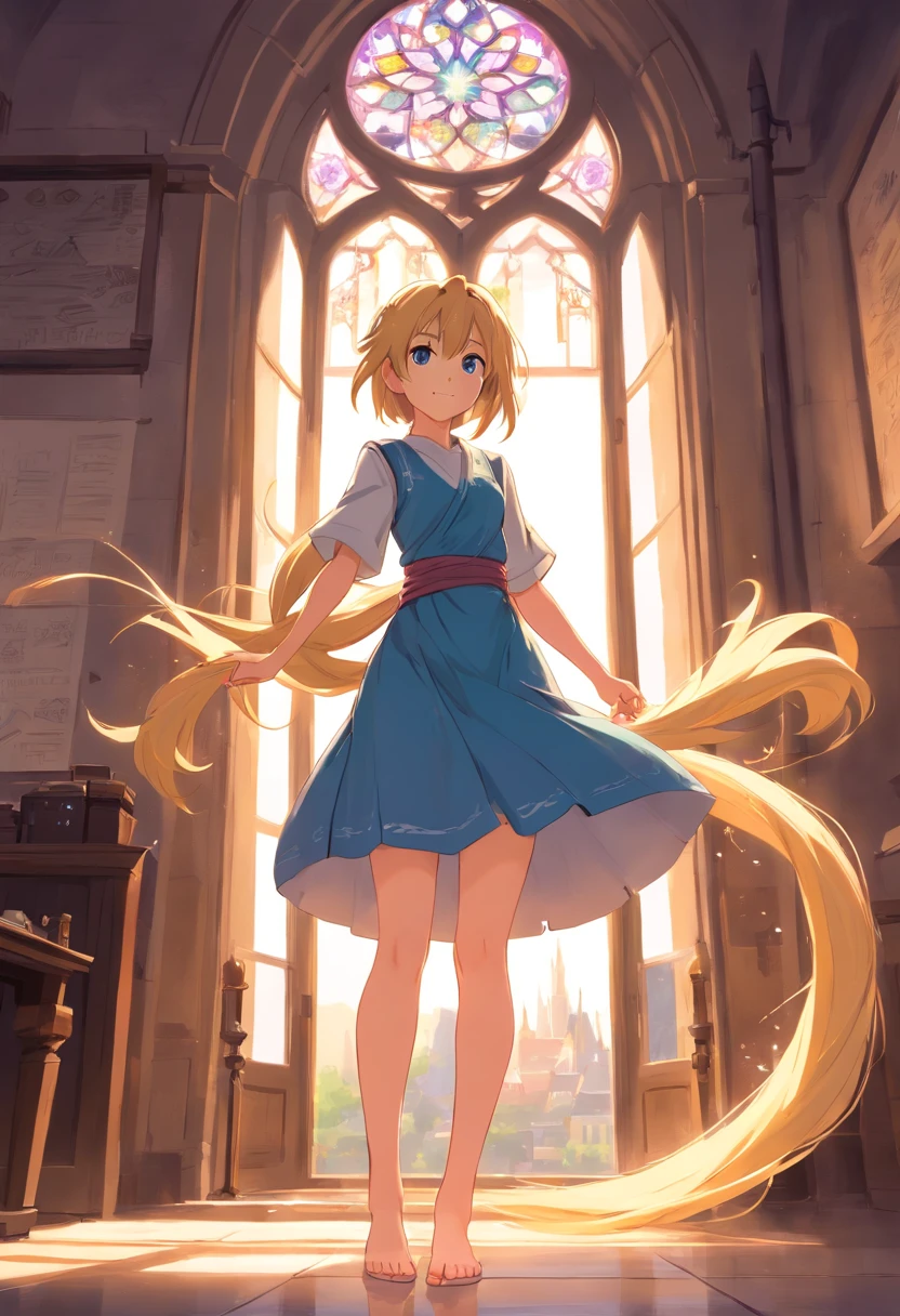 Advancedsense，high qulity，High pixel，Rapunzel sister，clothes details，medieval dress，light colors hair，Sky loft，Character details，Chest D cup，By the castle window，short  skirt，slender thigh，Makoto Shinkai painting style，Chalk painting