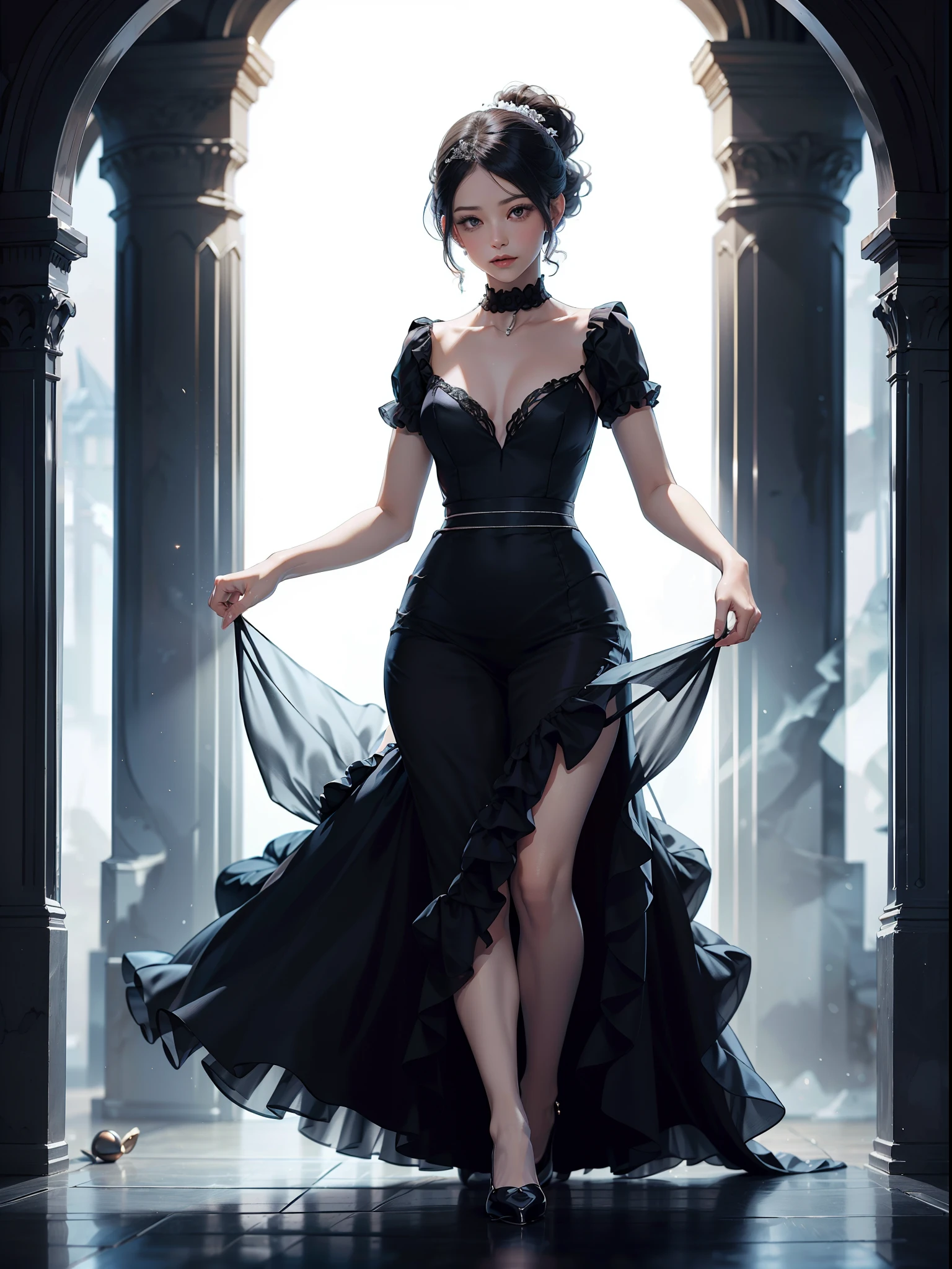 frontage、Black Long Evening Dress,(pure),Greeting Standing,(Curtsey:2.2),(Lightly lift the skirt of the dress:1) ,Castle Ball、Social World、tiarra、poneyTail、Woman with shiny black hair、Depict a beautiful and graceful woman of Japan。Heart in the eye