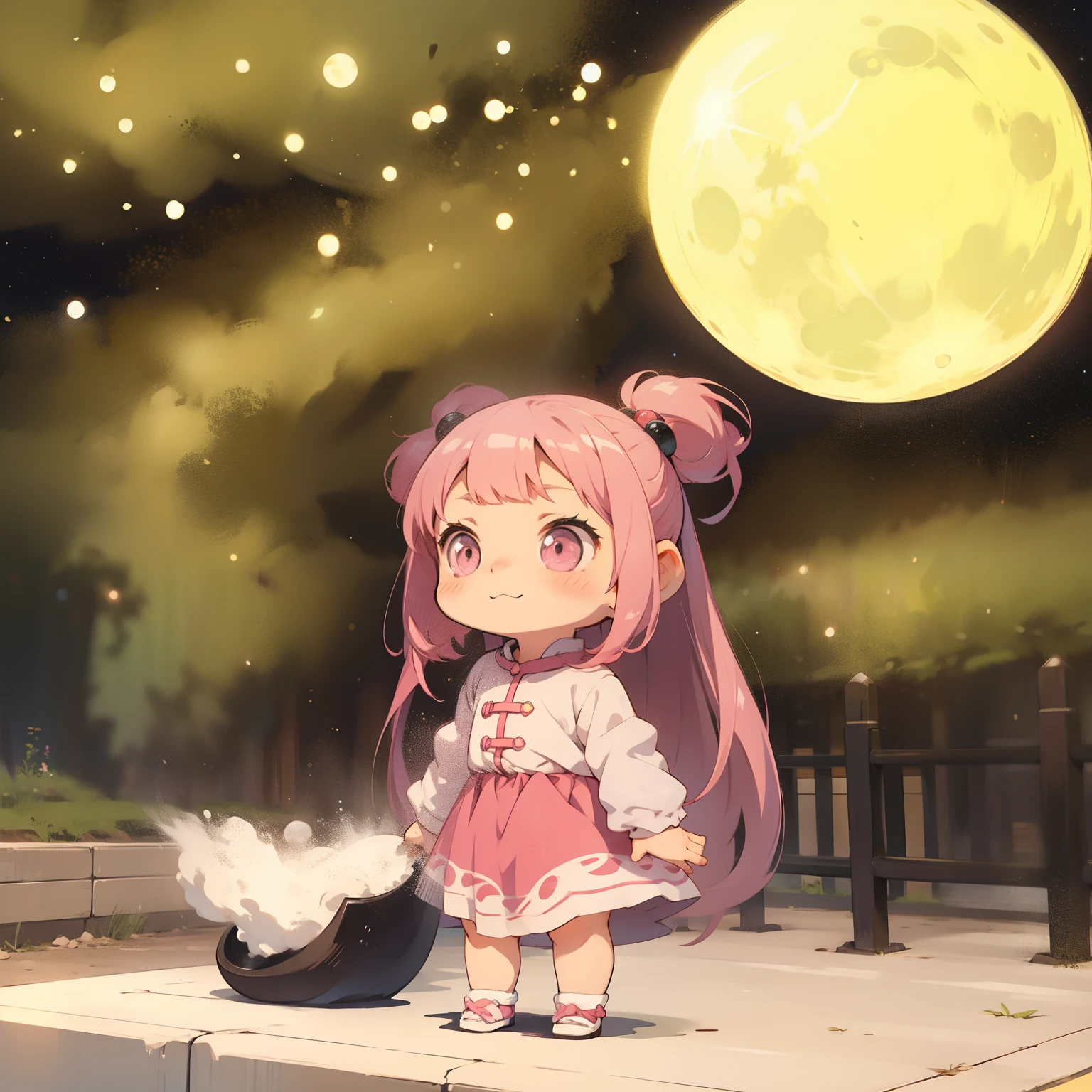 Cute, pink girl, anime 2D, moon, midmoon