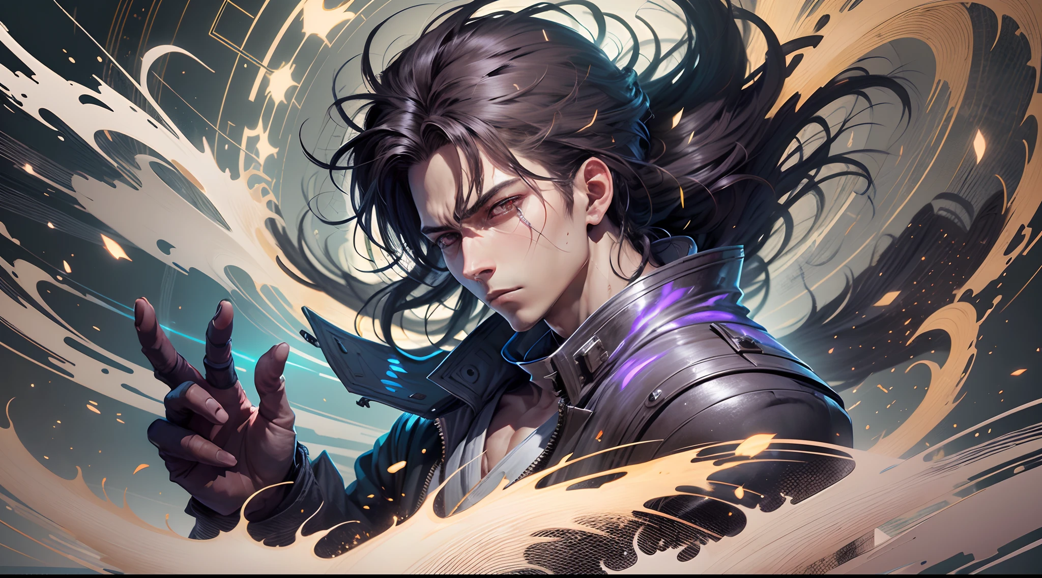 epic anime style, purple lightning, evil temperament, 20 years old male shadow assassin, black aura shine, shadow supervisor, handsome face, brilliant and majestic. Beautiful standard body and complete body structure. full body shot of a man with lightning in his hand, an epic anime about a purple energy man, in a fighting stance with long black ponytail blowing in the wind and glowing eyes look at the viewer. Cool Gapmoe Yandere, menacing look, gintama's Hijikata Toushirou, inspired by Masanobu Okumura, the originator of the anime art style, Nobutaka Ike, the night war rages behind him. Highest image quality 8K, details everything 8K, Model GhostMix . --auto --s2