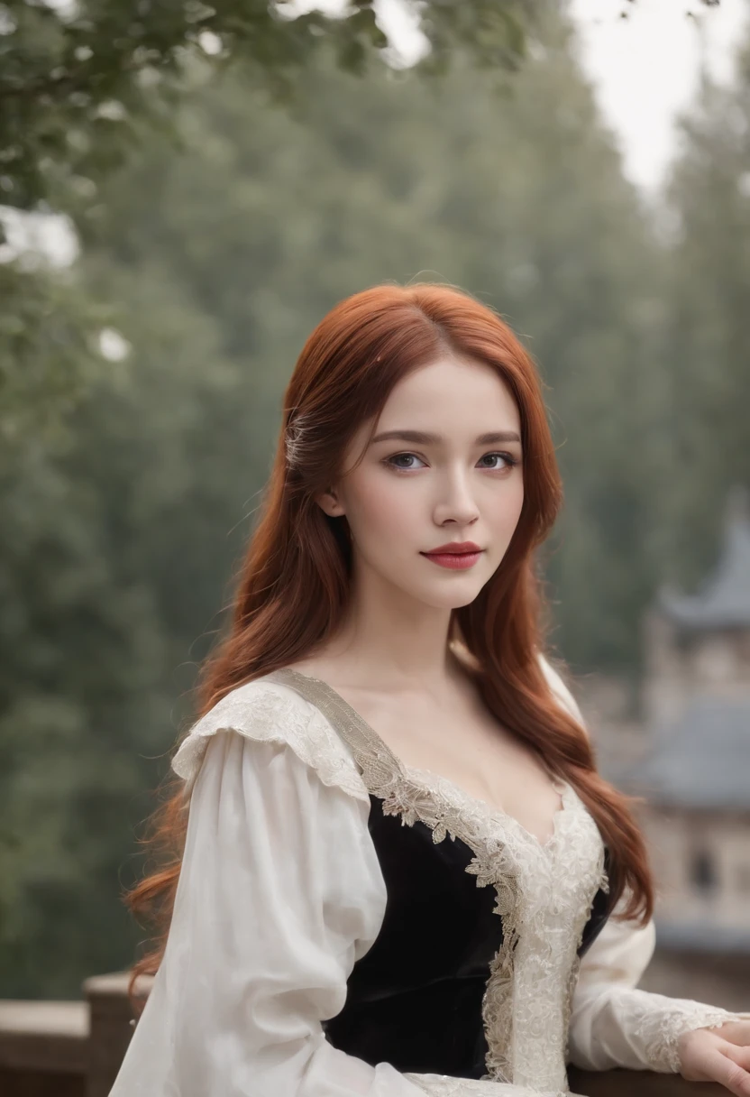 ((Masterpiece,Best quality)),8K wallpaper,1girll, Long hair, Red hair, Solo, dress, Red eyes, view the viewer, Long sleeves, standing, Building, White dress, mitts, hair adornments, Black jacket, Smile, Floating hair, Dutch angle, Closed mouth, looks away, Outdoors
