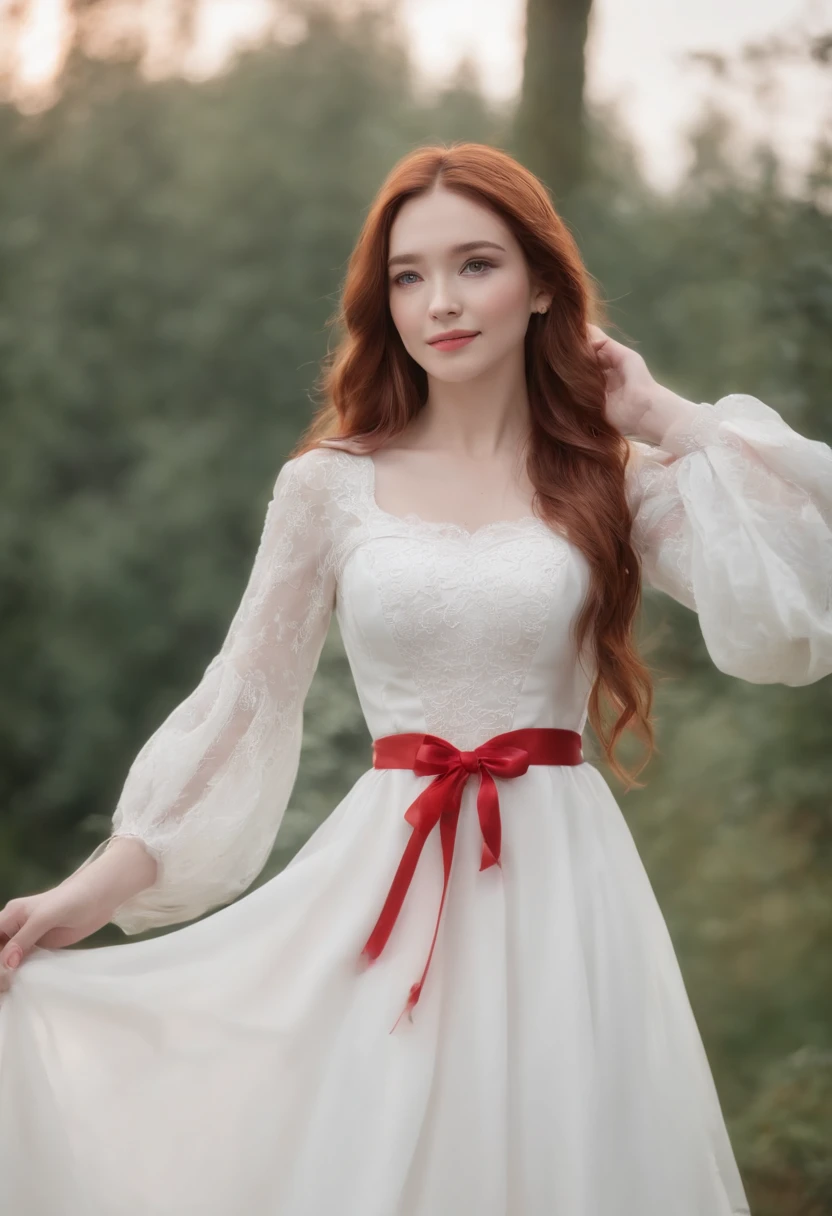 ((Masterpiece,Best quality)),8K wallpaper,1girll, Long hair, Red hair, Solo, dress, Red eyes, view the viewer, Long sleeves, standing, Building, White dress, mitts, hair adornments, Black jacket, Smile, Floating hair, Dutch angle, Closed mouth, looks away, Outdoors