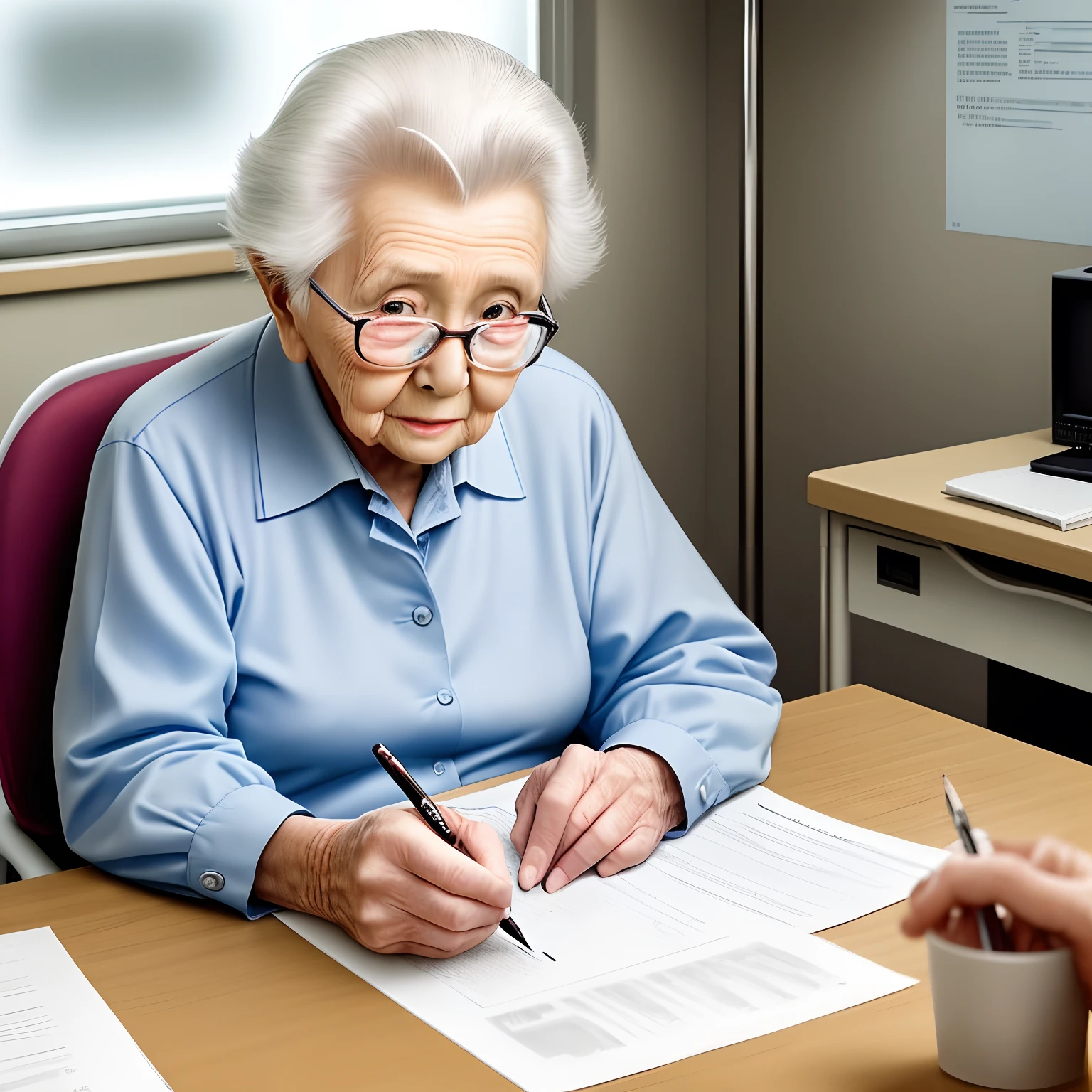 Elderly person answering problem with pencil at desk in hospital room
