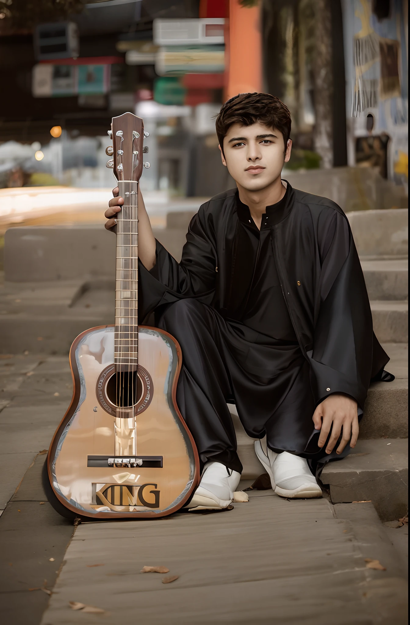 arafed man sitting on the ground with a guitar in his hand, khyzyl saleem, kyza saleem, riyahd cassiem, music video, ash thorp khyzyl saleem, mohamed chahin, holding a guitar, enes dirig, full body portrait shot, mid shot portrait, musician, album, guitarist, catalog photo, guitar