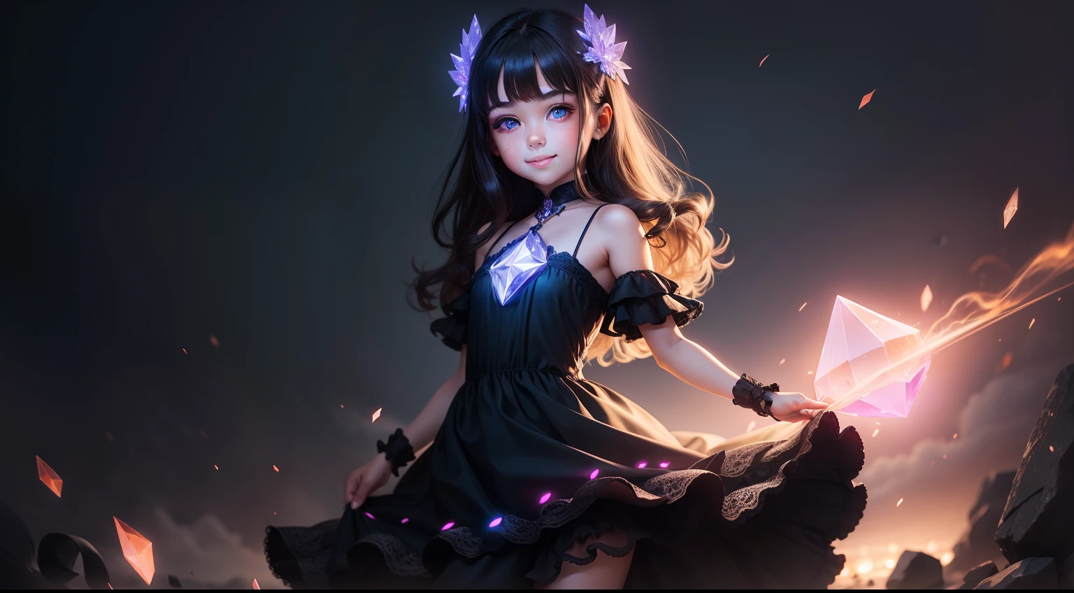 Very beautiful 7 girl, glowing eyes, full body portrait, wearing a discreet dress, zoom, sexy face, sexy eyes, smiling mouth, glowing eyes, crystal eyes, super realistic, super detailed