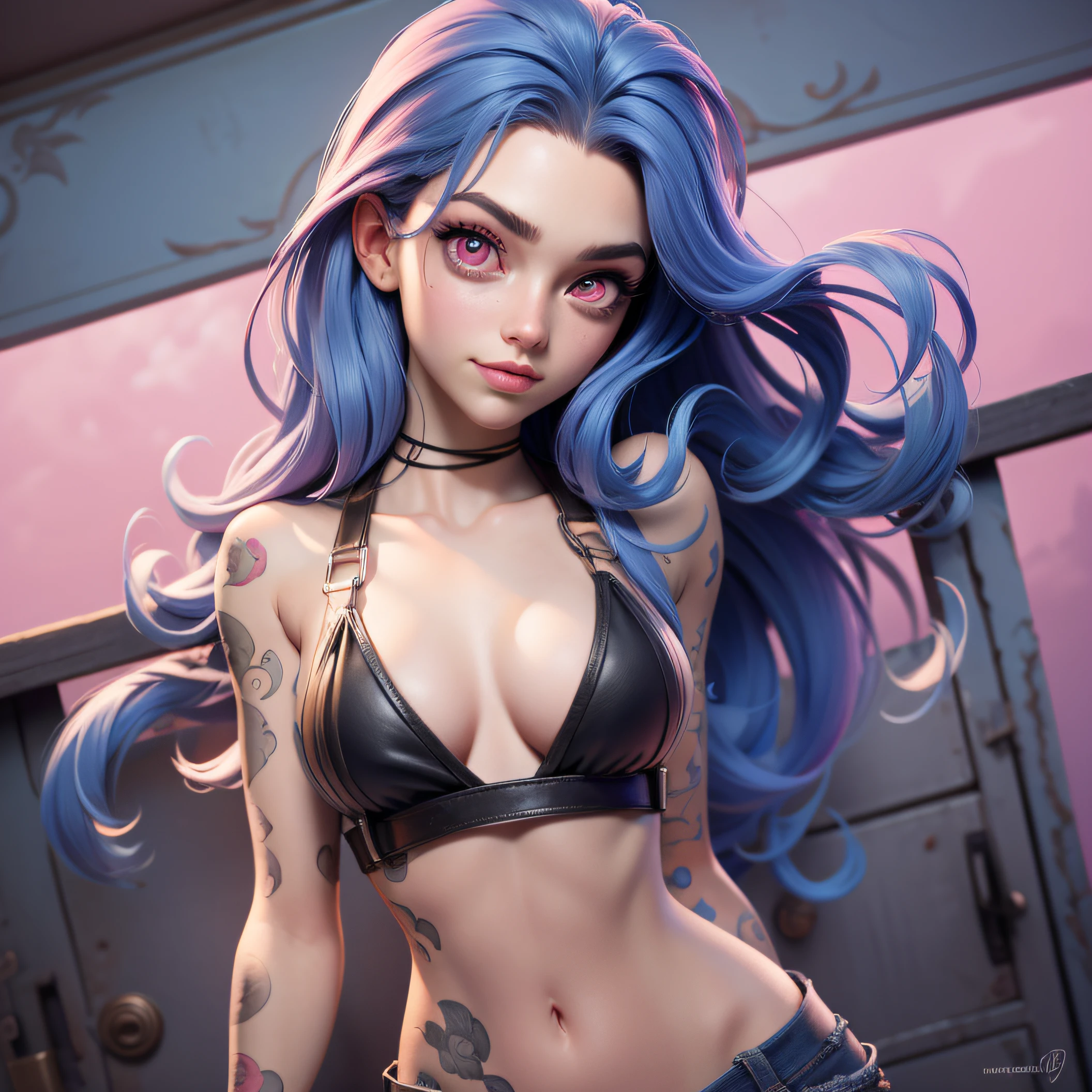 J3dmm, Masterpiece, High quality better quality, 1fille, plage, Culotte sexy, Baisser la culotte, cheveux avec deux longues tresses, cheveux bleus, porte-malheur, jeune femme, , 1fille, seulement, Regarder le spectateur, Detailed pink eyes, nombril, nom du personnage, Regarder le spectateur, dehors, , petits seins, tatouage de bras, tatouage du ventre