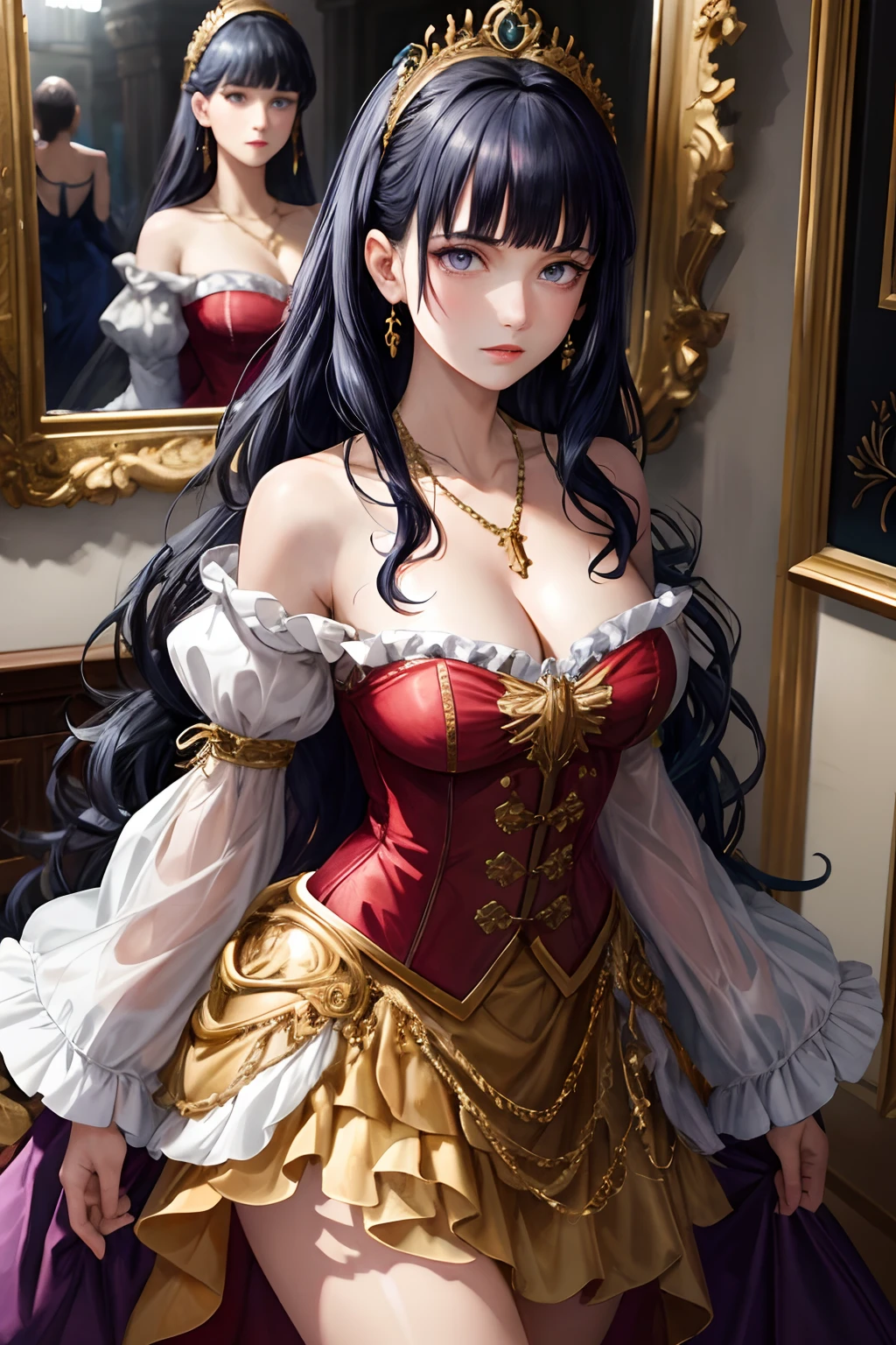 8k, best quality, masterpiece, highly detailed, semi realistic, a girl, young woman, 20 years old, long dark blue hair, curly hair, banks, purple eyes, soft red lips, gorgeous Rococo style court dress, strapless skirt, cross tie vest, bare shoulders, arm puffy sleeves, gold gem necklace, slim figure, silver crown, cold expression, Blunt Bangs