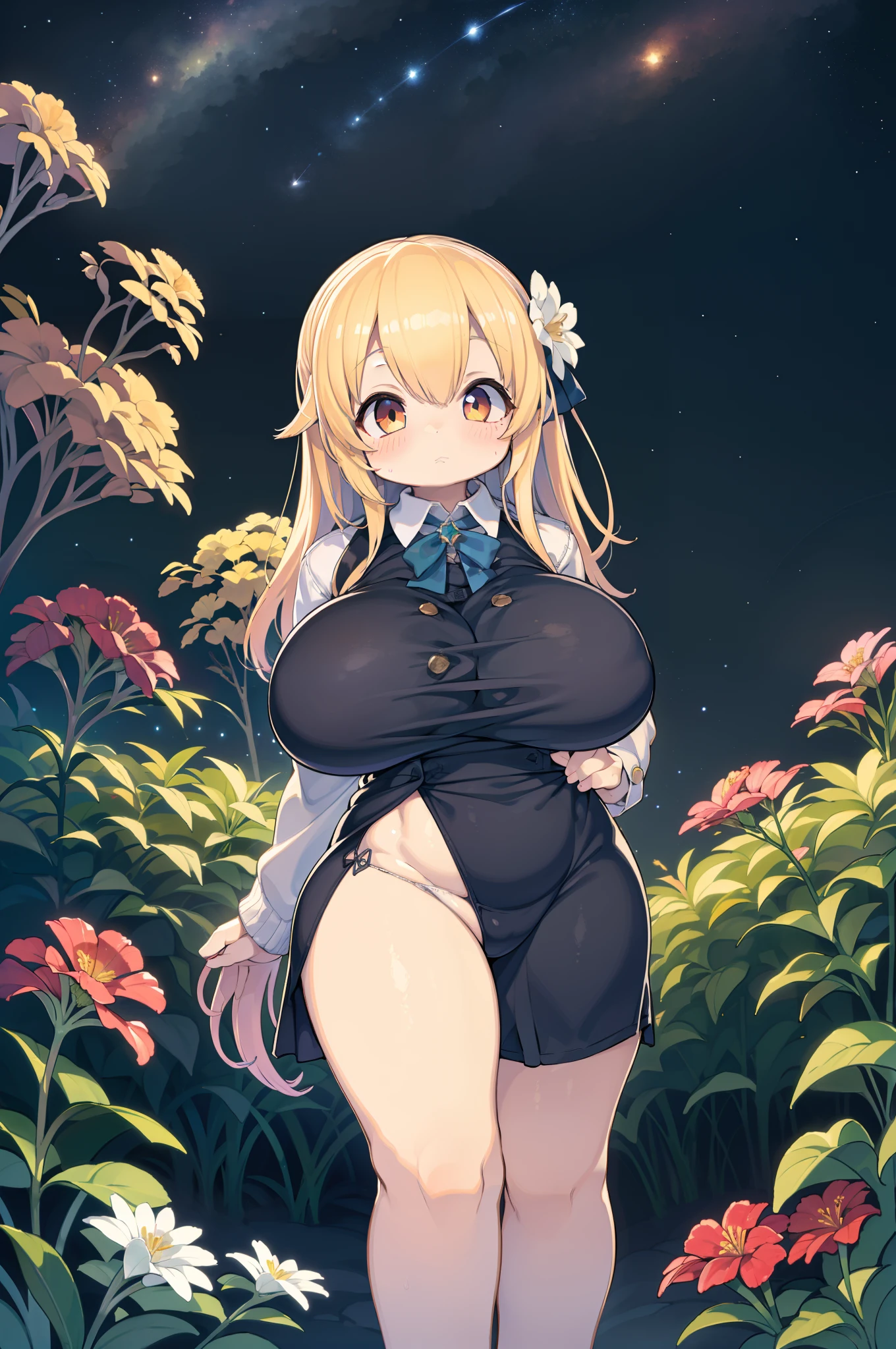 of the highest quality, high_resolution, Distinct_image, Detailed background, girl, flower, garden, Starry sky,tiny girl、huge-breasted、big butts、very wide shot