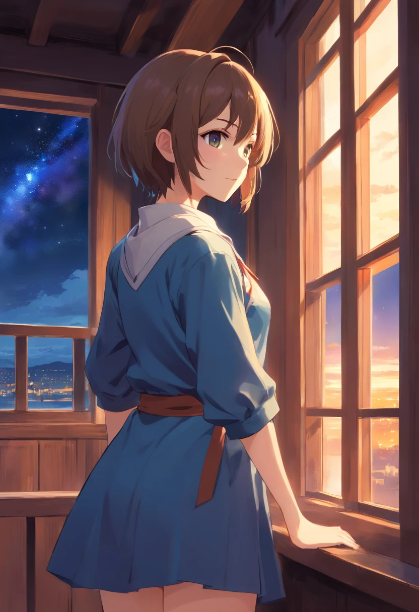 Advancedsense,high qulity,High pixel,Short-haired lady,clothes details,medieval dress,light colors hair,Sky loft,Character details,D-cups,By the castle window,short skirt,slender thigh,Makoto Shinkai painting style,Chalk painting,the night,starrysky