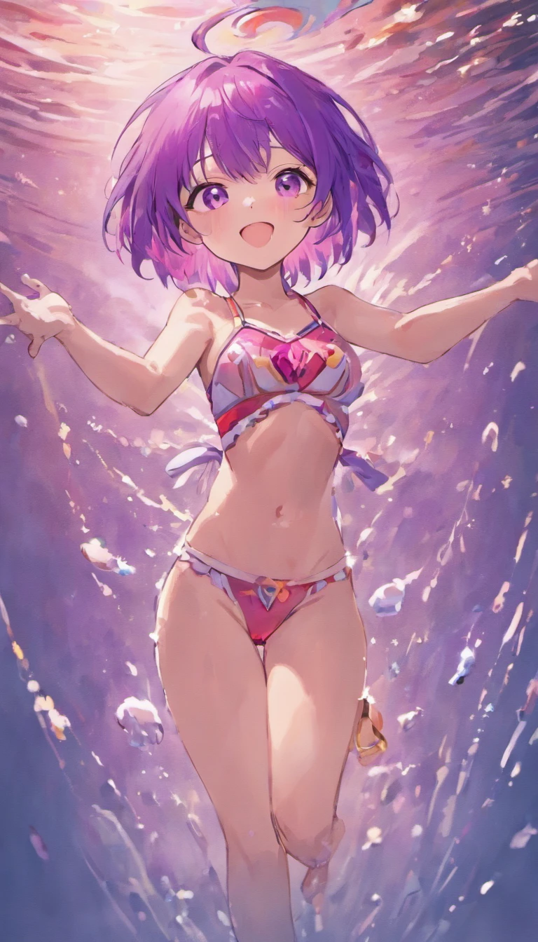 Short purple hair, Girl, presenting armpit, Dead reservoir water, Open stand, Smile, (full bodyesbian)