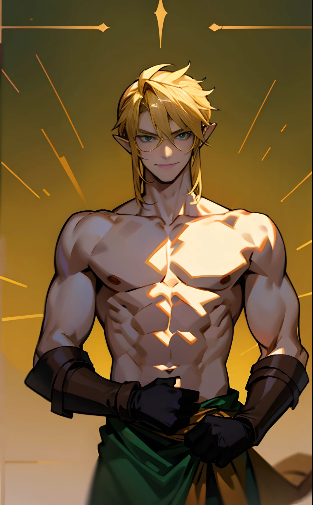 blond, tall, green-eyed guy, viking style, russian hero style, strong,  anime style, anime  , link, ( gloves), standing, (topless:1.3), demigod , (muscular:0.5)(from above:0.1),(sport:0.2), (empty dojo),(smiling:0.4), (dominant),(evil)(confident)(sadistic)(adult:1)(masculine:1)(slender:0.3)(from below:0.3)(powerful)(looking at viewer)