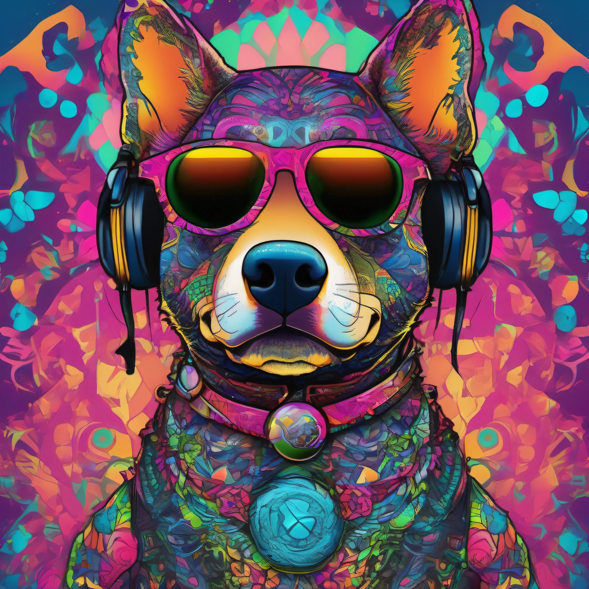 (1 wolf dog (anthropomorphic turtle))wearing a choker,with tattoos, sunglasses, Black leather jacket,Psychedelic punk artist, (((full bodyesbian))), concept-art,Vivid colors, rim-light, Extremely detailed Cg Unity 8K wallpaper, trending on artstationh, Yayoi Kusama's pop art style, iintricate, High detail