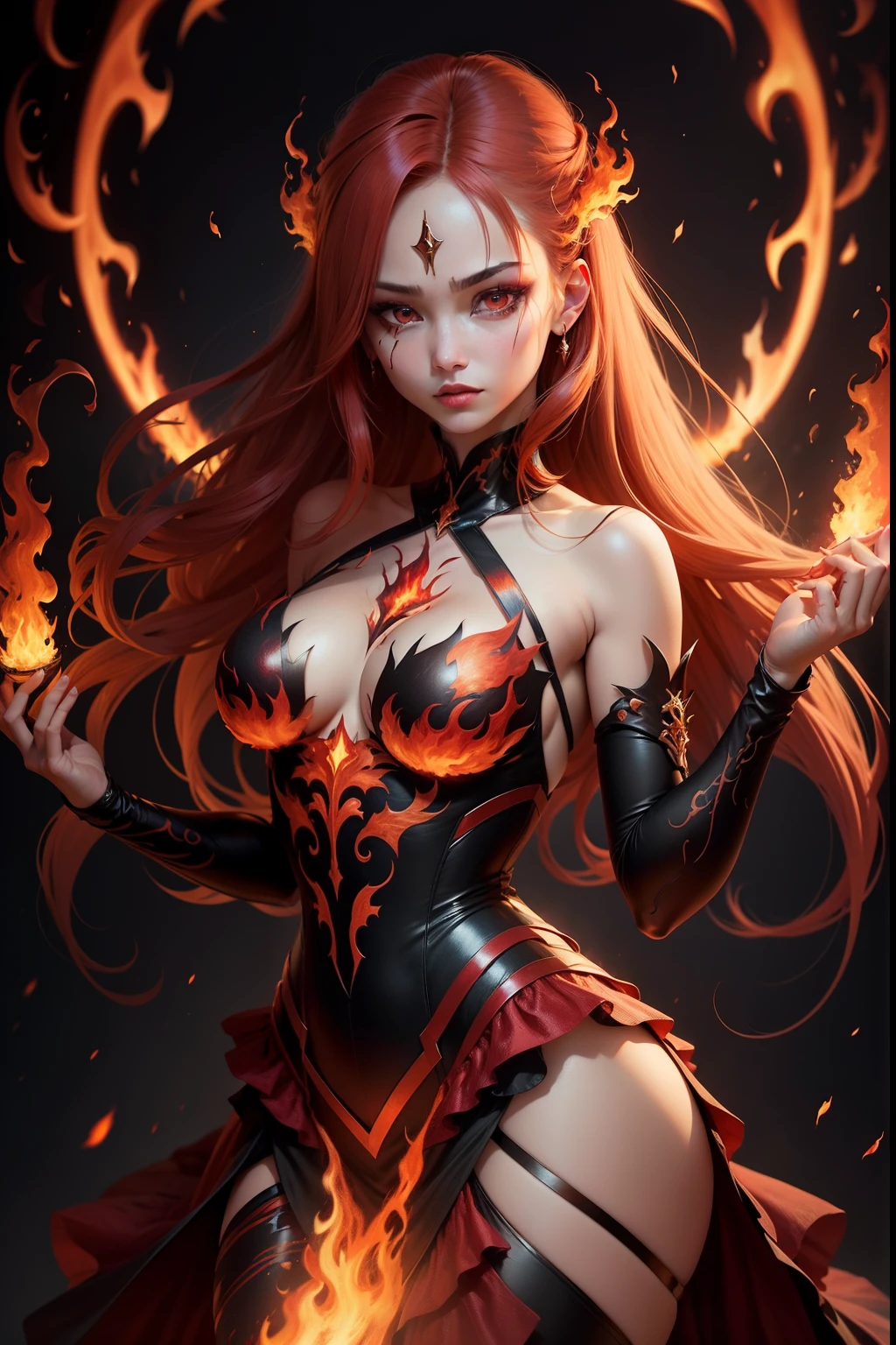Woman Manipulating Flames、A woman who combines creepiness and beauty、Atrocious、cruel、offensive、Golden Ratio Beauty Face、Beautiful face with symmetry、Red Eyes、Hair is made of flames、Wearing a dress made of flame、Full body