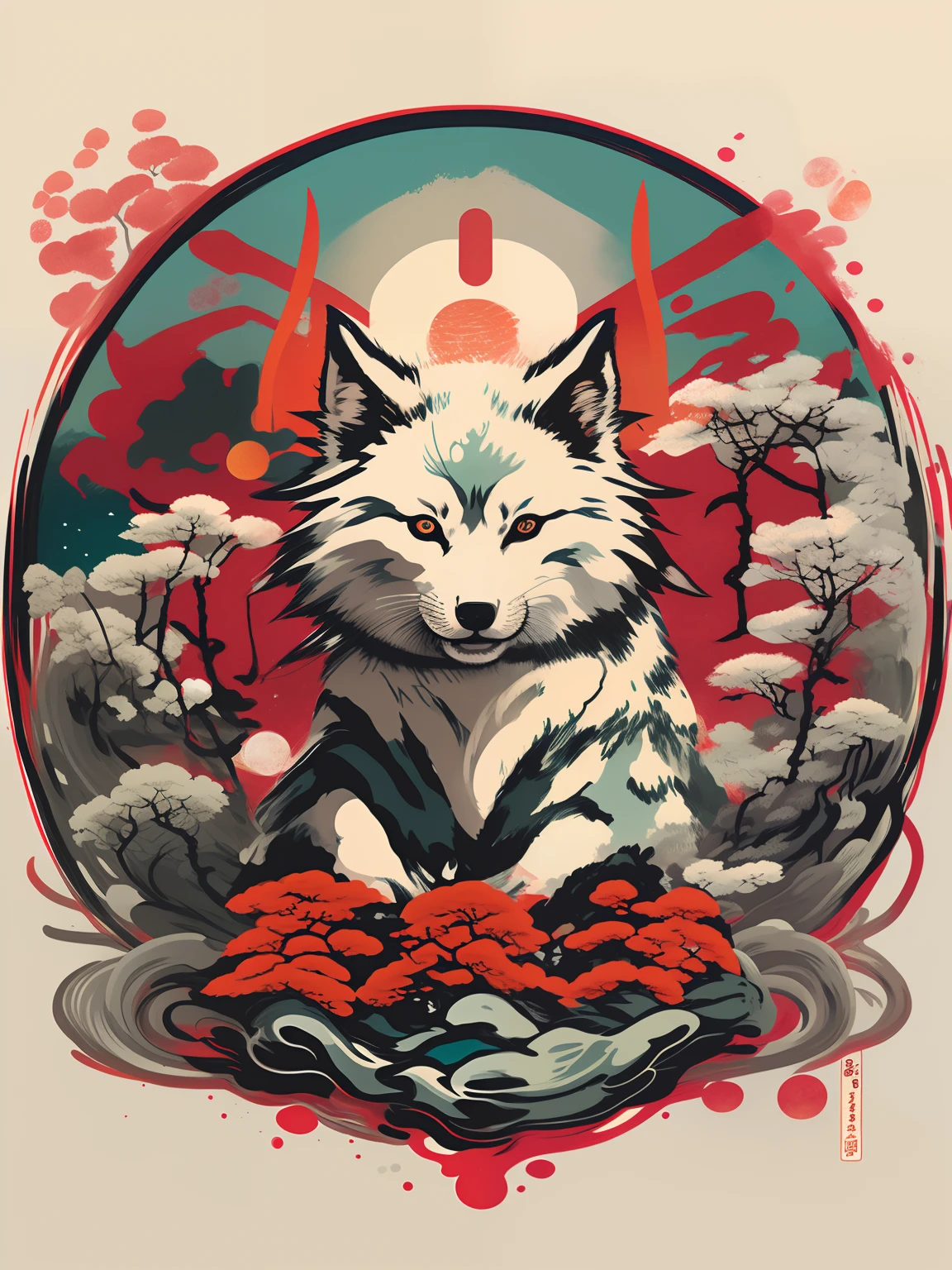 um close up de um cartaz com um cachorro em uma onda, Okami, Akira, Mitologia Chinesa, by Kanō Tan'yū, Directed by: Ni Zan, Amaterasu, Kitsune Three - Raposa de cauda, nove caudas, inspirado em Shiba Kokan, inspired by Shunkōsai Hokushū, Kitsune