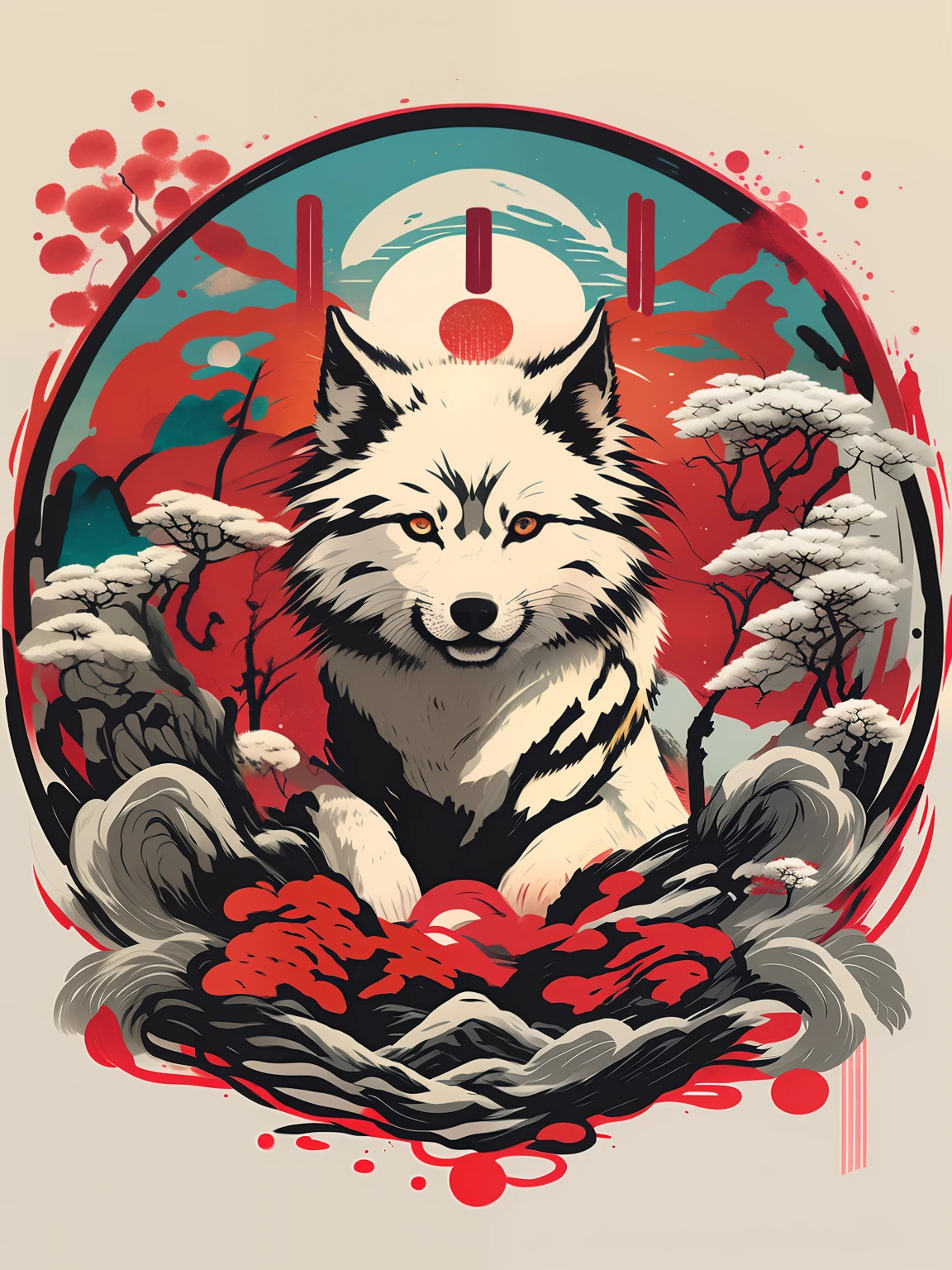 um close up de um cartaz com um cachorro em uma onda, Okami, Akira, Mitologia Chinesa, by Kanō Tan'yū, Directed by: Ni Zan, Amaterasu, Kitsune Three - Raposa de cauda, nove caudas, inspirado em Shiba Kokan, inspired by Shunkōsai Hokushū, Kitsune