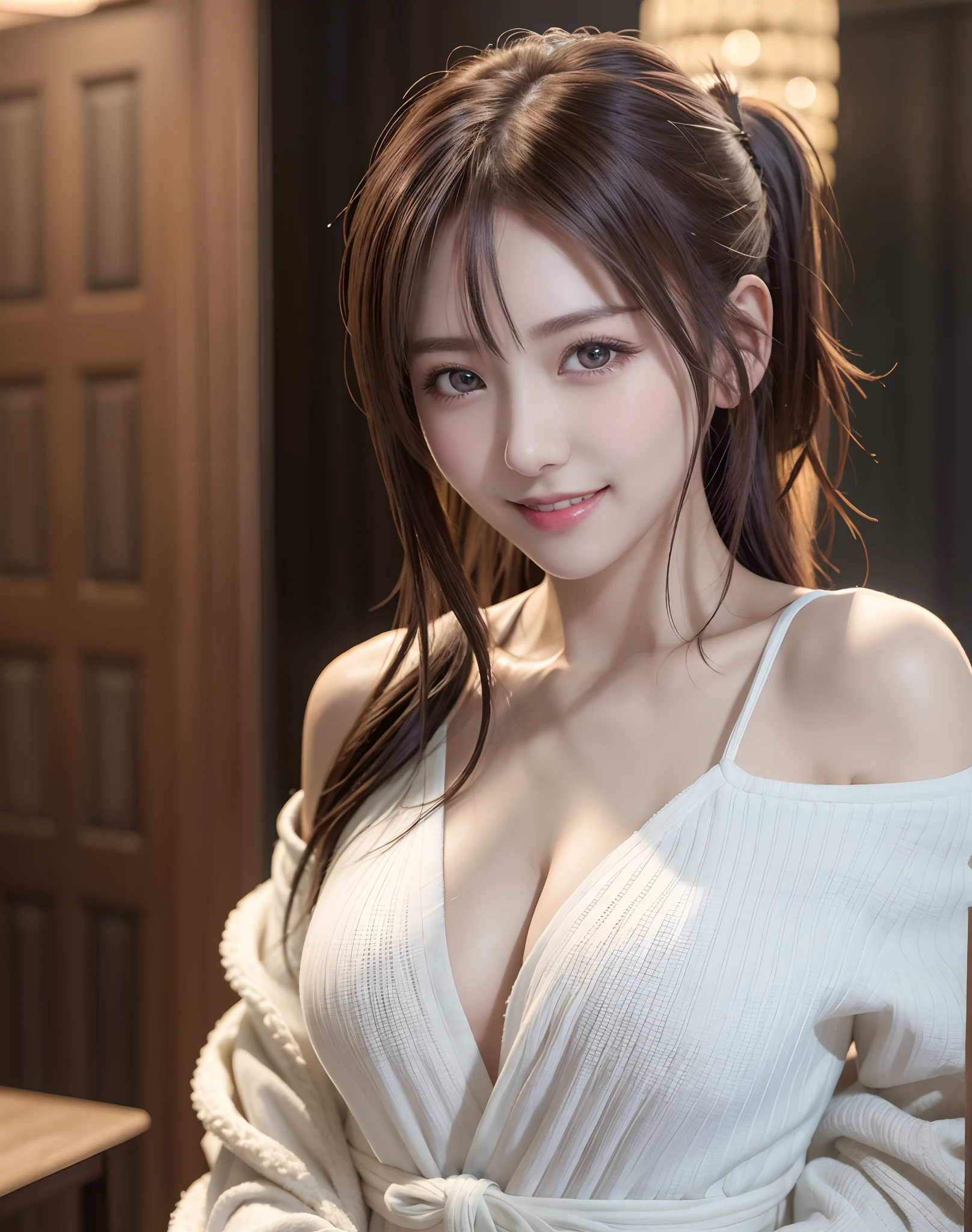 (Best Quality), (masutepiece), (High resolution), (Intricate details:0.2),(Professional Lighting), dressing gown, Detailed background,off shoulders, (Previous view), 1girl in, Solo, (Beautiful face), Slim body, Fine skin, Smile, brown hair in a ponytail, Beautiful eyes, look at at viewer,