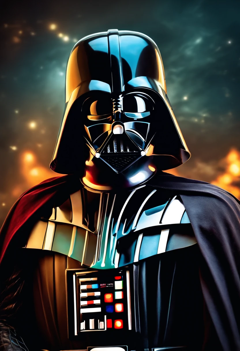 digital art, darth vader wearing a business suit, red tie, blue background, bright, highlights