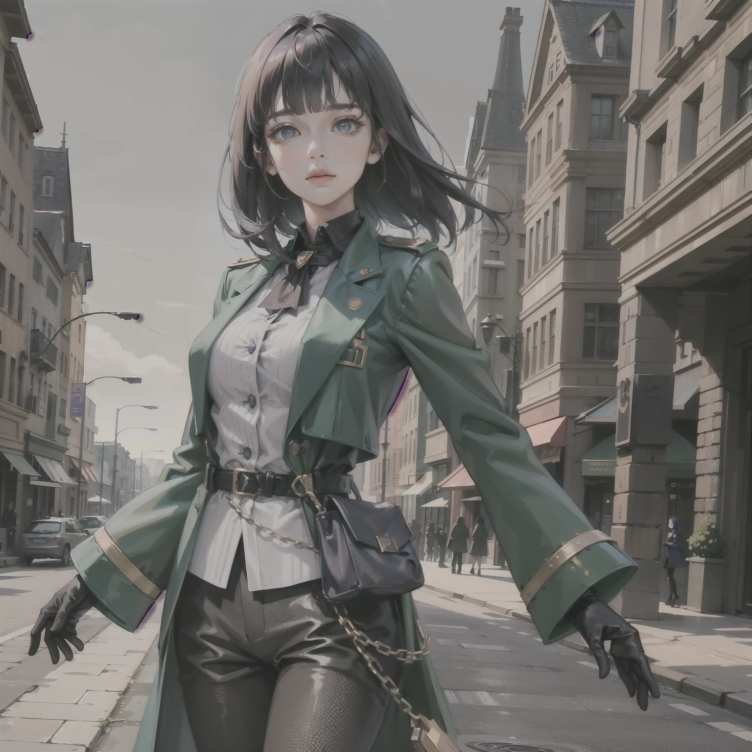 One lonely young adult girl, Tall stature, little chest, closed mouth, Slavic appearance: purple eyes; dark blue hair; sharp facial features; dimple on the chin; Straight nose; high nose; pronounced high cheekbones; high forehead, stands upright, wears a military uniform: Dark green double-breasted overcoat with 6 fasteners; gray pants; high black boots; black leather gloves, Standing in the middle of the street, Background in the picture: A street with a stone paved road with European stone houses from the first half of the 20th century; People in clothes of the mid-20th century, High quality shadows, High quality of light, High quality clothing, Masterpiece picture quality, max detail, Masterpiece quality, Blunt Bangs, High-definition image.