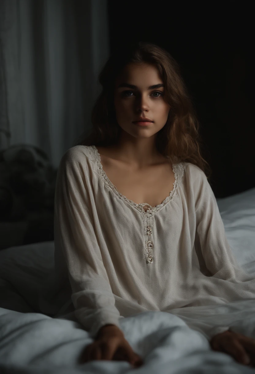 Portrait of a cute 18-year-old teenager with a perfect, Cara hermosa, Ruso, en bragas, en la cama, hermoso busto (Estudio privado oscuro, oscuro, Atmospheric Light: 1.2) piernas abiertas