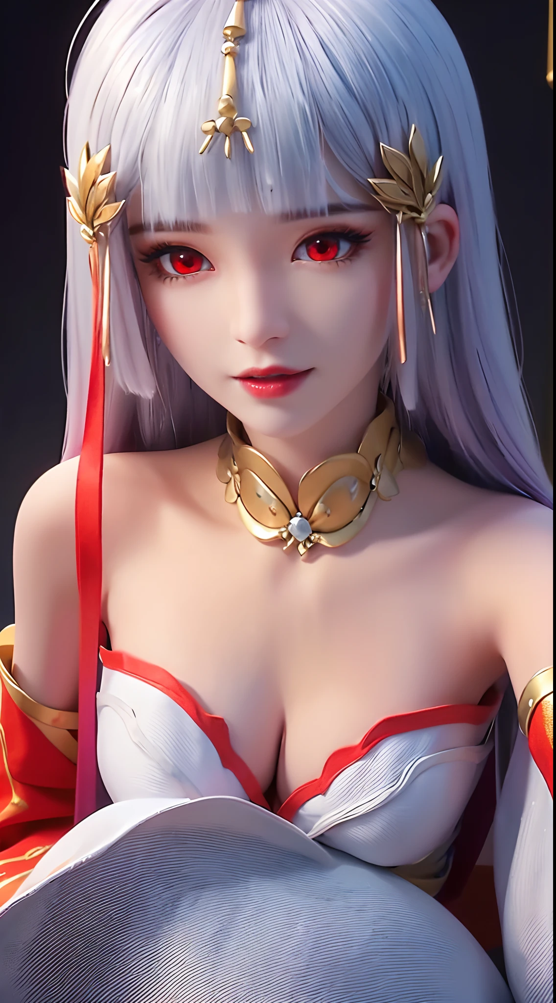 "A beautiful 20 year old young woman, (((sexy slim dress:1.6))), the body is balanced and plump, white dress with red trim, hanfu style, platinum hair color, platinum bangs, the most beautiful and detailed hair jewelry, extremely round shape and face beautiful, thin eyebrows, most beautiful and perfect face, ((black eye pupils:0.8)), very beautiful eyes, ((red eyes:1.4)), eyelashes makeup and beautiful details, high nose, earrings, thin lips, red lips, ((closed mouth: 1.5)), beautiful lips, (((arms behind your back:1))), smooth white skin, most beautiful thighs, ((arms spread out to the sides: 1.5)), strong arms and legs, rosy face, clean face, flawless beautiful face, smooth white skin, cleavage, ((big breasts:1.6)), ((very round breasts:1.3)), ((tight chest:1.2)), ((breast augmentation:1.5)), beautiful breasts, ((lower biceps: 1.5)), sitting across from the audience, hands on the floor, 8k photo quality, super high quality, super realistic, 10x super pixel, realistic photo, studio dark, rim light, two-tone light, (high detail skin: 1.2), ultra 8k, soft light, high quality, volumetric light, realistic, Photo, high resolution, light bright, best photo, 4k quality, Smooth and sharp, 10x pixels, (galaxy:1.7), aurora, lightning, surreal graphics, most realistic graphics, 1 girl, alone, solo, Super sharp, surreal images, closer to the girl, ((frontal portrait:1.5)),"