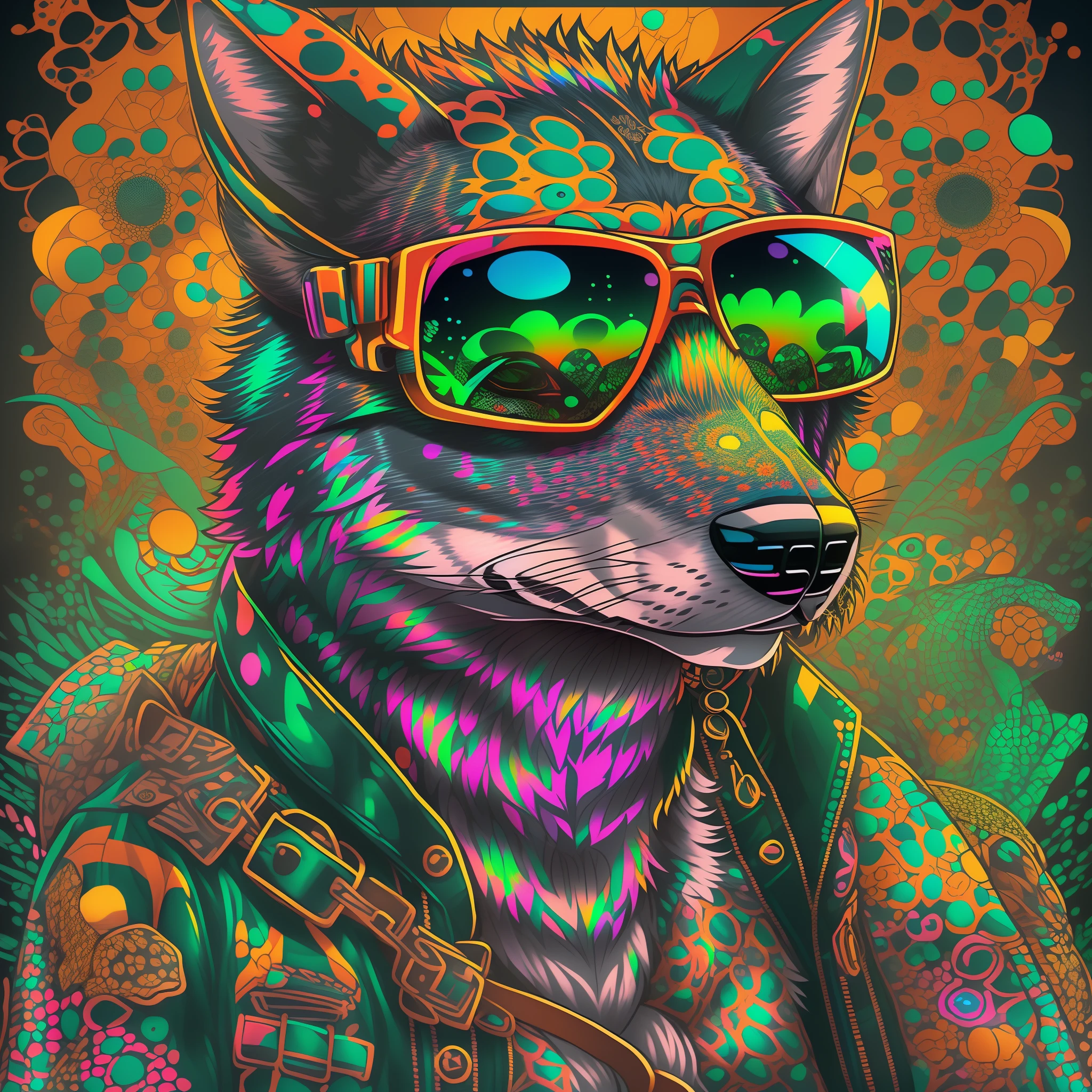 (1 wolf dog (anthropomorphic turtle))wearing a choker,with tattoos, sunglasses, Black leather jacket,Psychedelic punk artist, (((full bodyesbian))), concept-art,Vivid colors, rim-light, Extremely detailed Cg Unity 8K wallpaper, trending on artstationh, Yayoi Kusama's pop art style, iintricate, High detail
