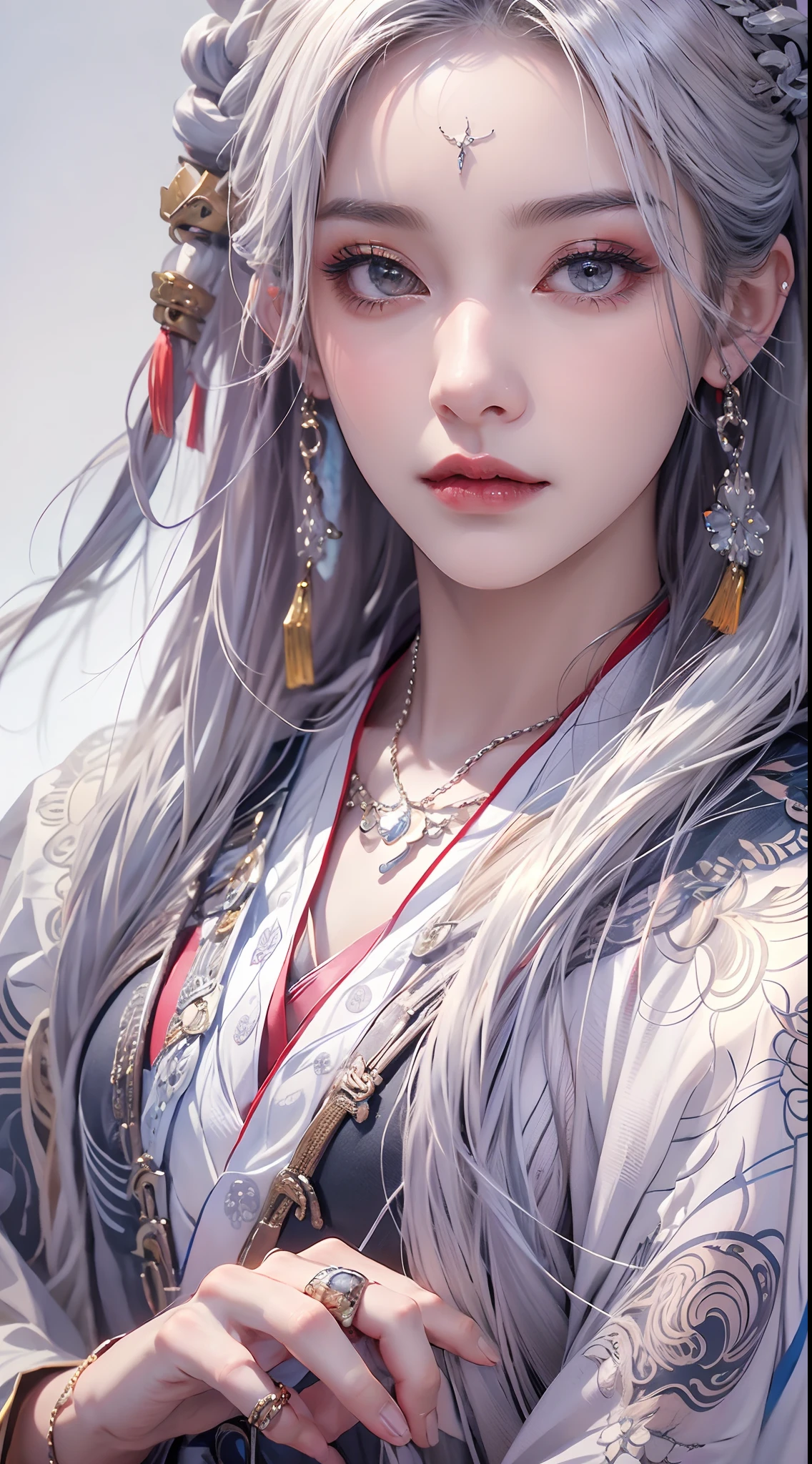 Photorealistic, high resolution, 1 woman, hips up, Beautiful eyes, Long hair, ringed eyes, jewelry, tattoo, hanfu, Chinese general, white hair