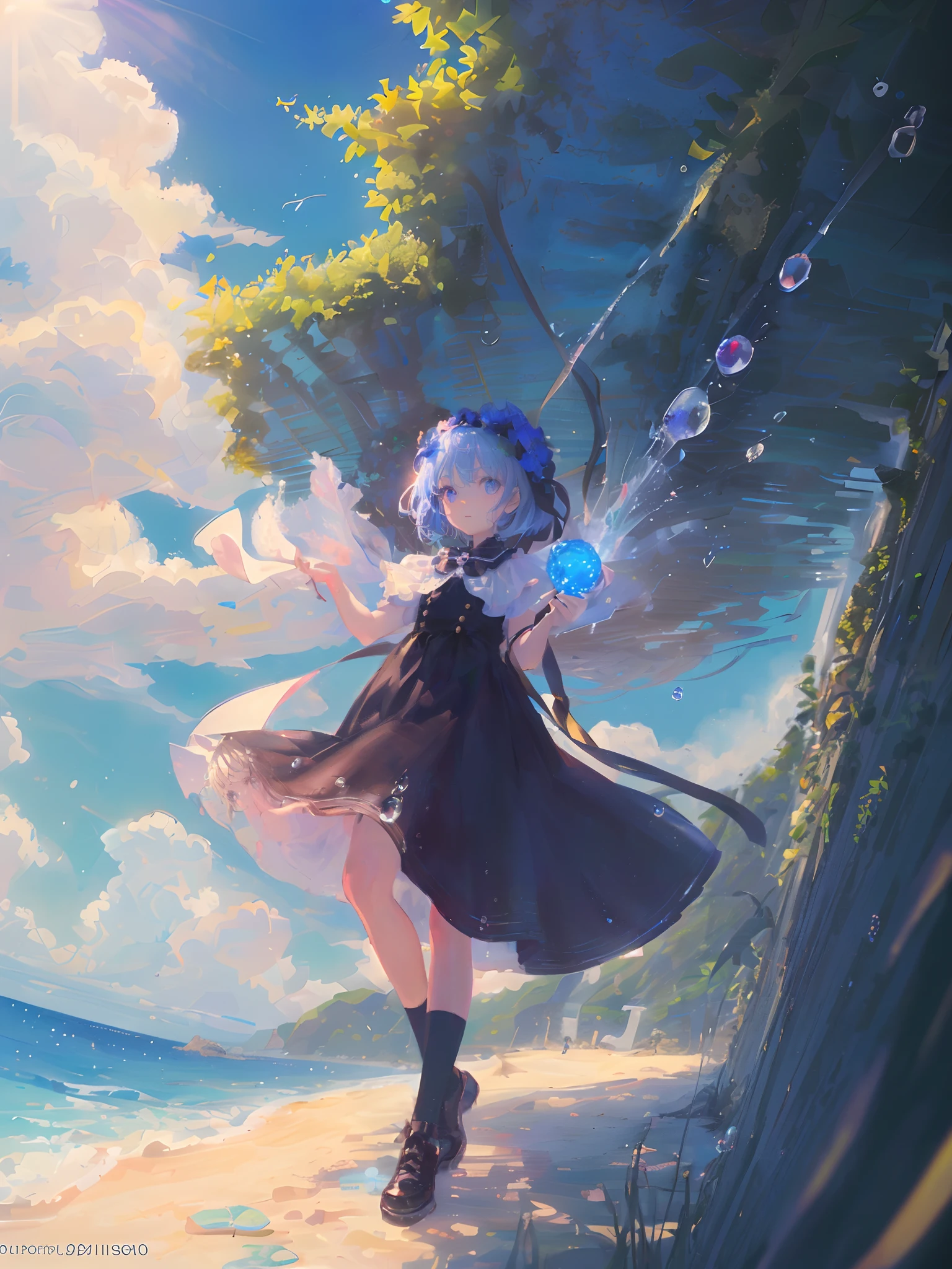 art by Cornflower, dready (A ite girl with beautiful detailed eyes. The depth of field in the photo is perfect and the lens flare adds a nice touch. The fine details on her face really stand out, score because of this photo Definitely greater than 10. In the background, there is a beautiful ocean with clear water and water droplets on the surface
