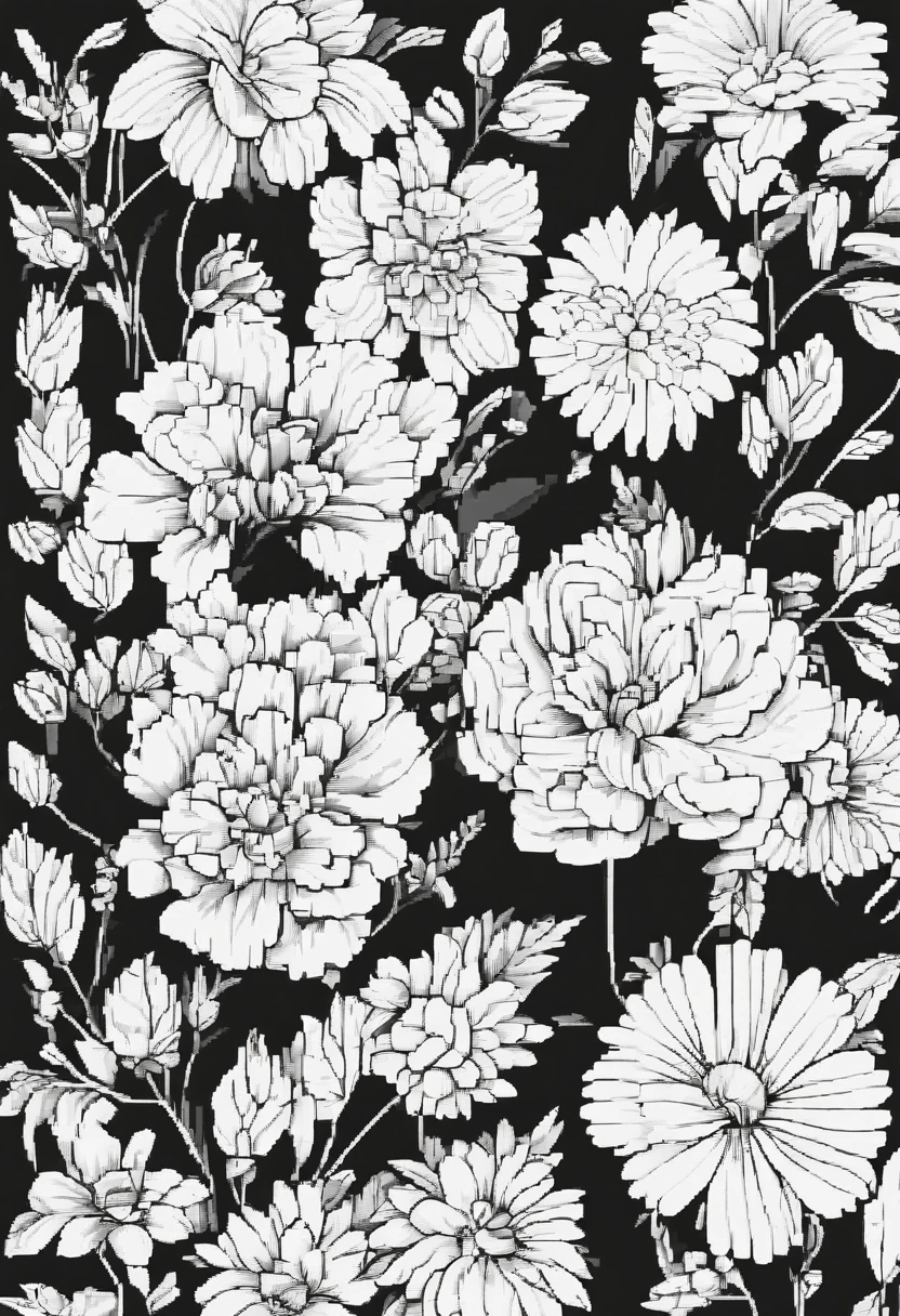 Clear black lines isolated on white background,Line drawing,color no,colorless,Coloring book for kids,White background,Cute Flowers,Pure white,dark lines,Easy coloring book