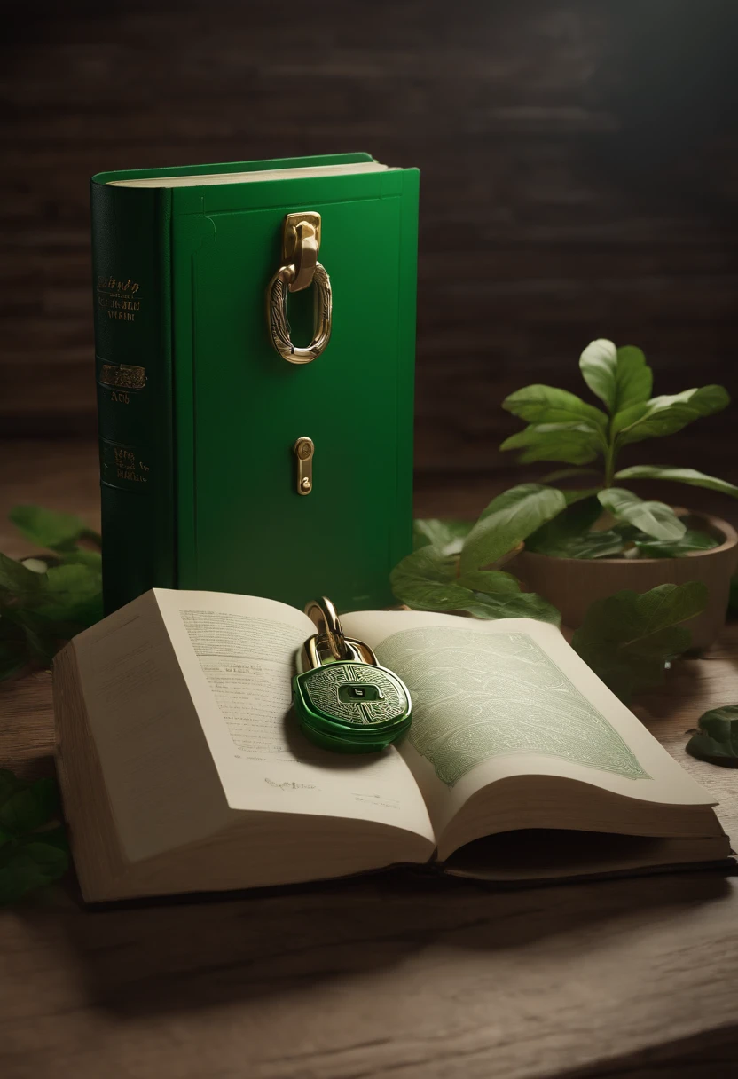 There is a book with a padlock and a padlock on the green cover, Documentos confidenciais verde, cofre cripto gigante verde, Cofre BFechadurachain, Fechadura, O metaverso criptografado, Cadeados, Described as a 3D rendering, renderizado em cinema 4 d, renderizado em cinema4d, por jeonseok lee, Pinterest Keyshot product rendering, abrir cofre, Documentos, Cofre, Iluminção Verde, particulas verdes, luzes verdes, raios verdes