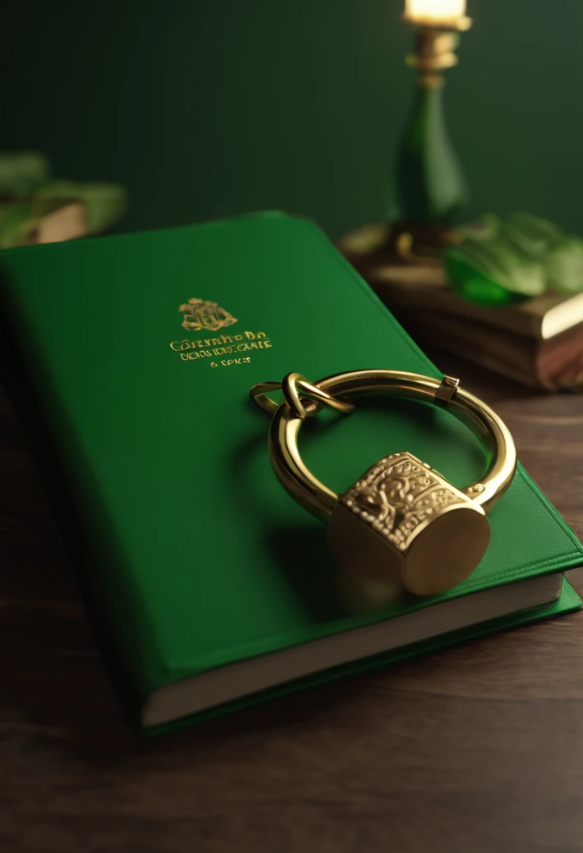 There is a book with a padlock and a padlock on the green cover, Documentos confidenciais verde, cofre cripto gigante verde, Cofre BFechadurachain, Fechadura, O metaverso criptografado, Cadeados, Described as a 3D rendering, renderizado em cinema 4 d, renderizado em cinema4d, por jeonseok lee, Pinterest Keyshot product rendering, abrir cofre, Documentos, Cofre, Iluminção Verde, particulas verdes, luzes verdes, raios verdes
