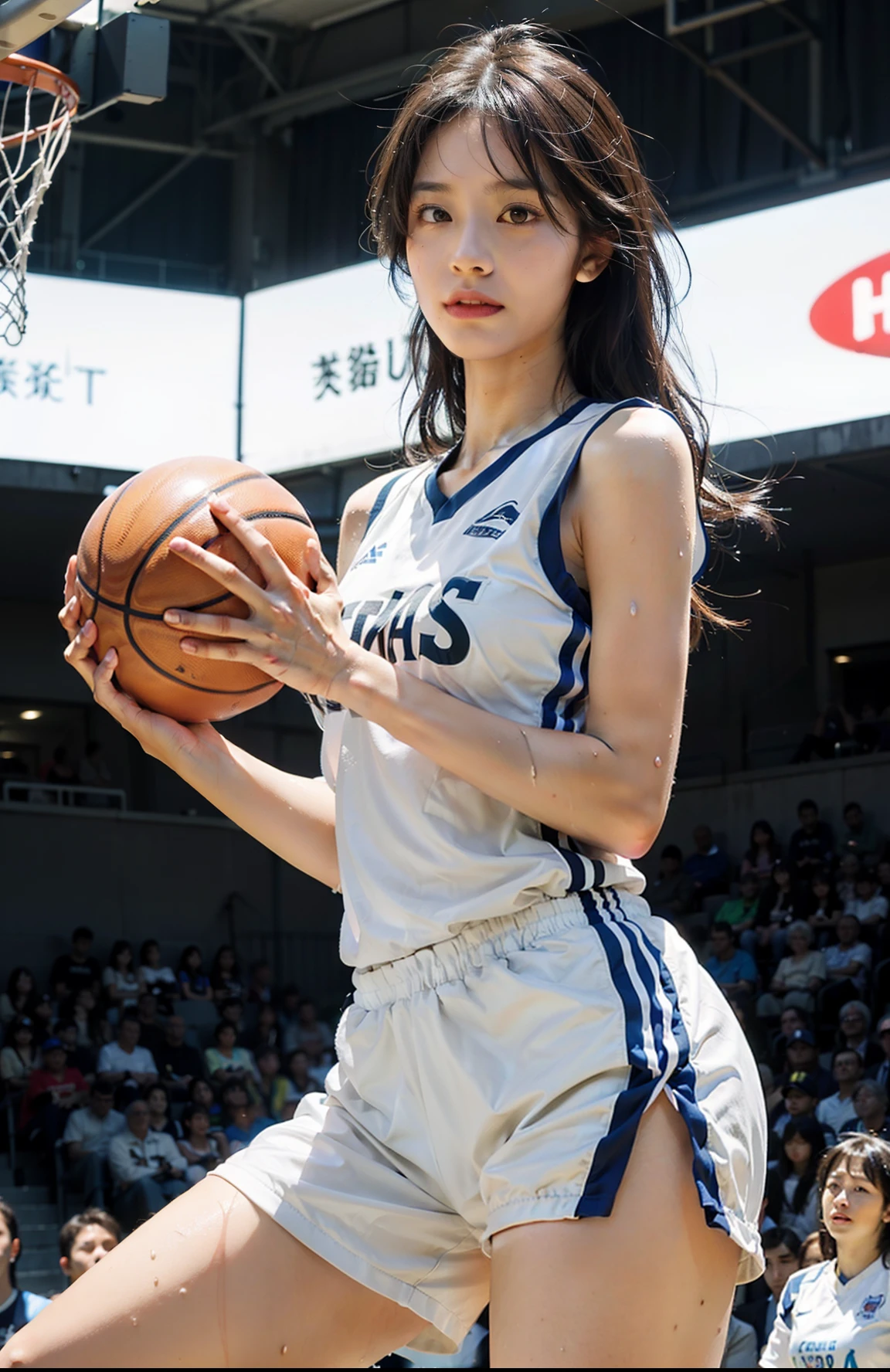 Top quality, 超高分辨率, (Photorealistic: 1.4), 8K resolution, (Woman in basketball uniform), (Random hair: 1.3), (photo-realistic hair: 1.2), (Realistic eyes: 1.2), (beautfully face: 1.3), (Large breasts:1.3), (Wet skin: 1.2),(Dynamic Angle:1.1)，sweat leggs，at  basketball court，low chest，无袖，White thighs(Playing the Basketball)(Seven-doppelganger shot)