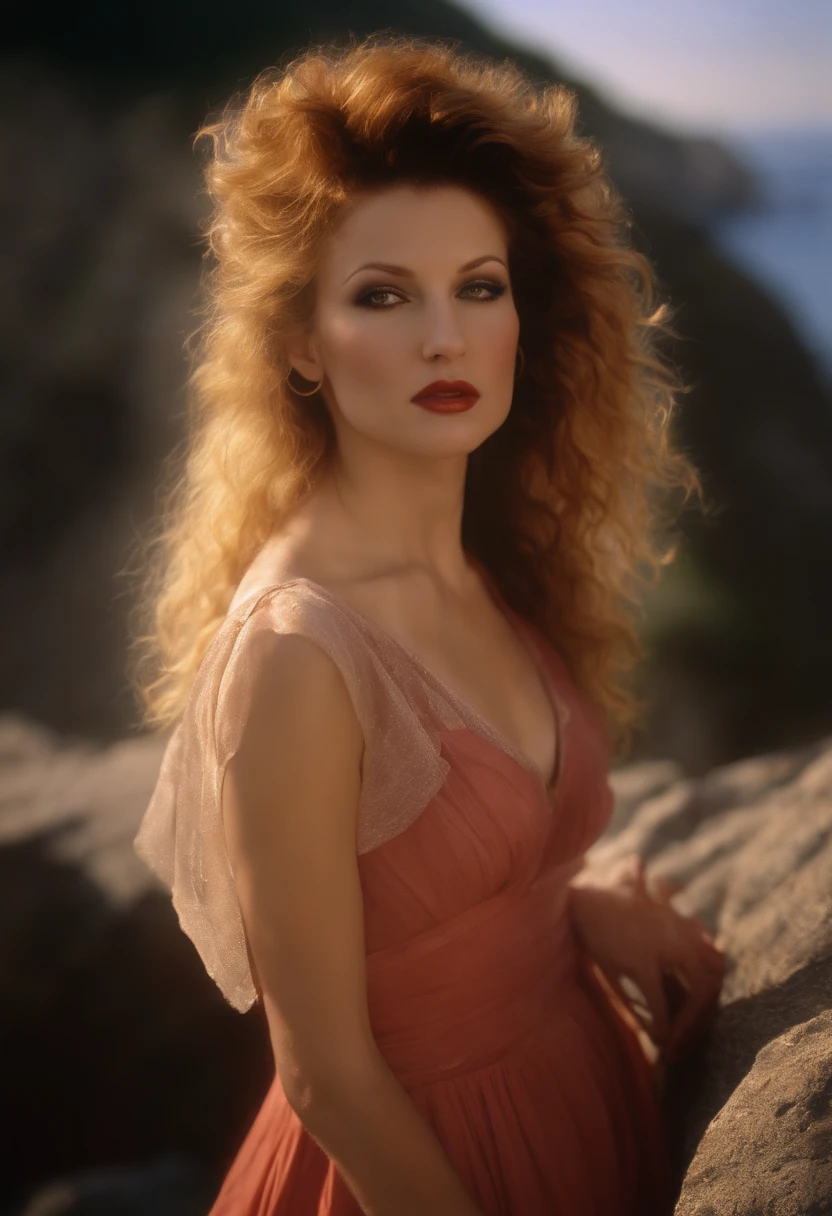 cyndi lauper 1980s, (sharp focus:1.2), photo, attractive young woman, (beautiful face:1.1), detailed eyes, luscious lips, (smokey eye makeup:0.85), (medium breasts:1.0), (athletic body:1.2), (wavy hair:1.2), wearing (maxi dress:1.2) on a (cliffside:1.2). (moody lighting:1.2), depth of field, bokeh, 4K, HDR. by (James C. Christensen:1.2|Jeremy Lipking:1.1).