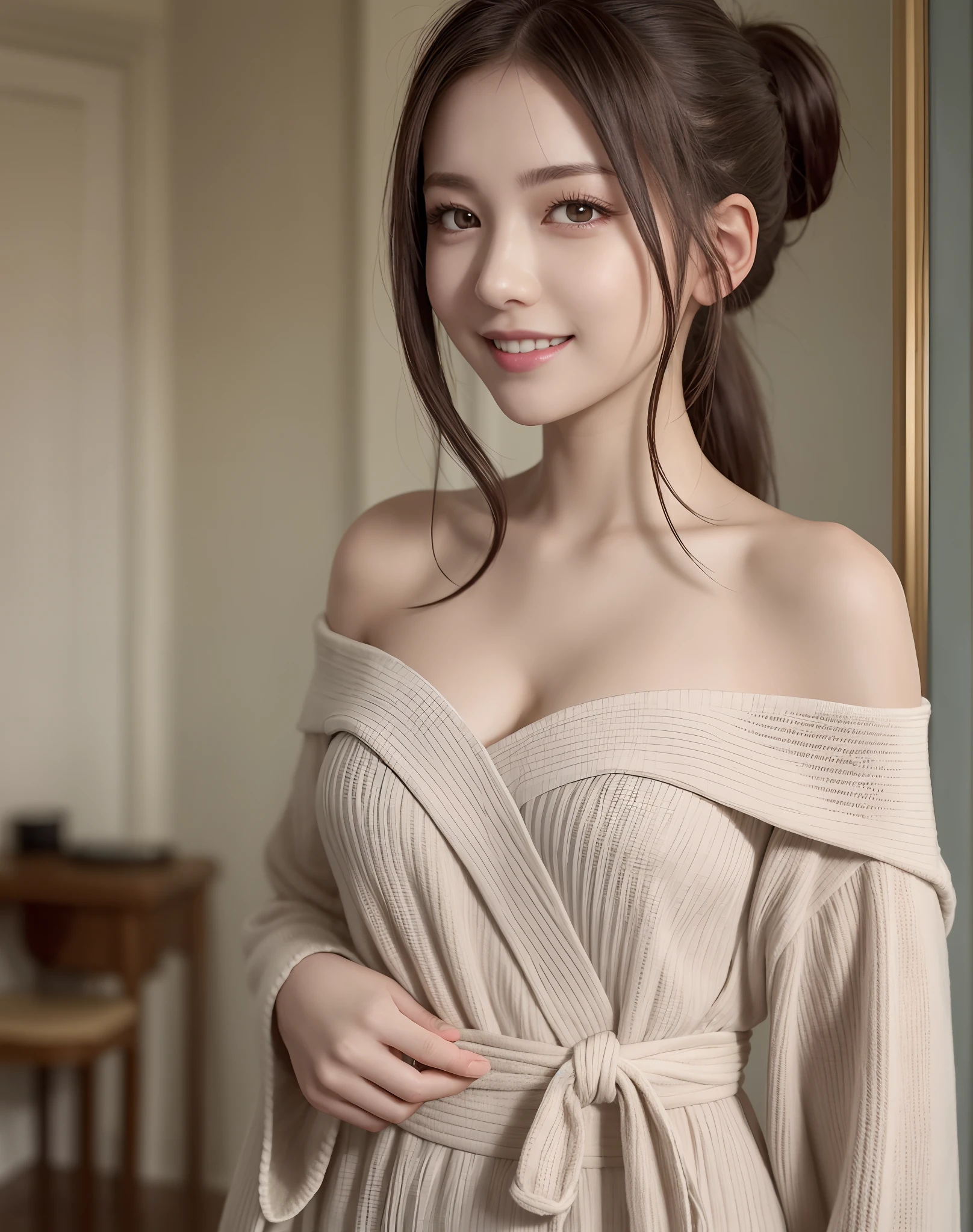 (Best Quality), (masutepiece), (High resolution), (Intricate details:0.2),(Professional Lighting), dressing gown, Detailed background,off shoulders, (Previous view), 1girl in, Solo, (Beautiful face), Slim body, Fine skin, Smile, brown hair in a ponytail, Beautiful eyes, look at at viewer,